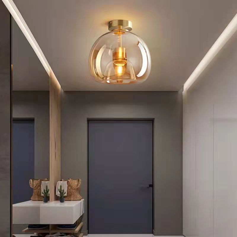 Nordic Glass Ball Ceiling Light, Scandinavian Opal Glass Semi Flush Mount Lamp for Living Room, Bedroom, Hallway and Landing