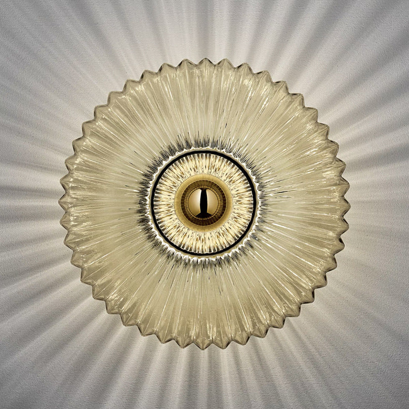 Nordic Vintage Glass Wall Sconce, Scandinavian Ribbed Glass Disc Wall Light for Living Room, Bedroom and Hallway