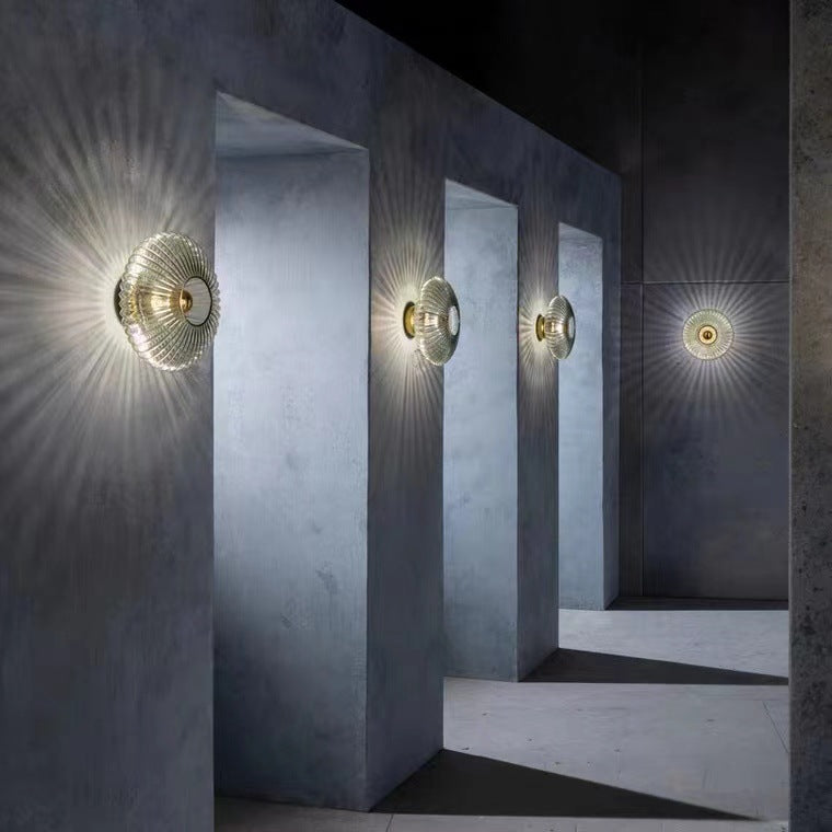 Nordic Vintage Glass Wall Sconce, Scandinavian Ribbed Glass Disc Wall Light for Living Room, Bedroom and Hallway