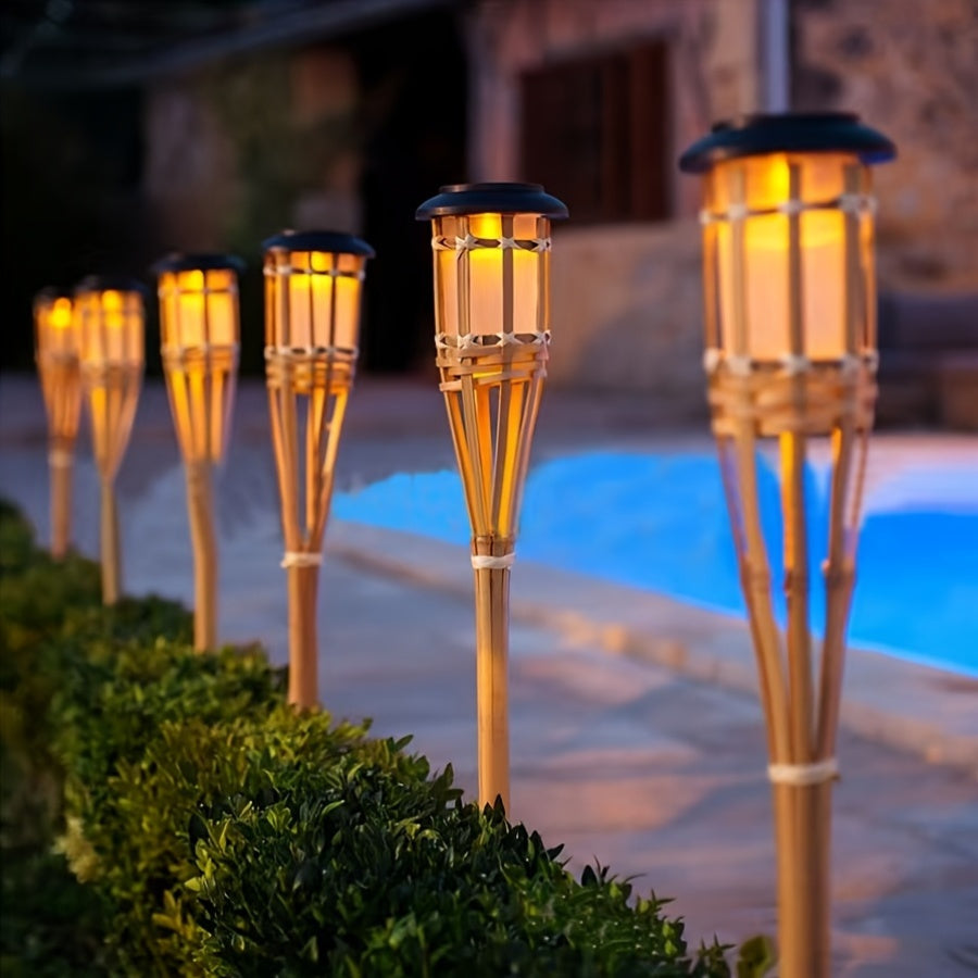 Solar Bamboo Flame Lights 2 Pack, Contemporary Solid Wood and Rattan Solar Garden Lanterns, Outdoor LED Lights for Patio, Path and Lawn