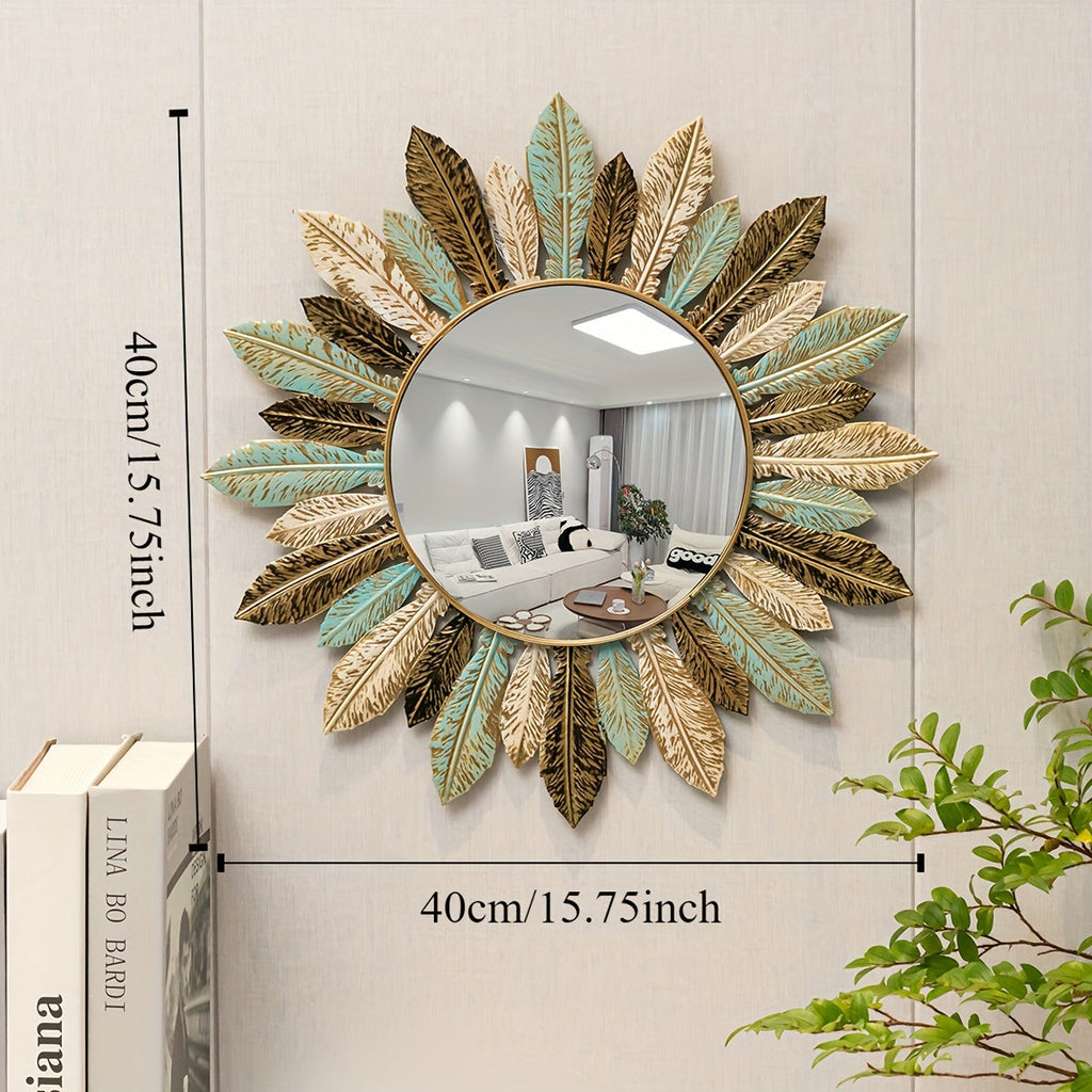Bohemian Sunburst Metal Wall Mirror, Boho Brushed Metal Decorative Wall Mirror for Bathroom, Hallway and Living Room