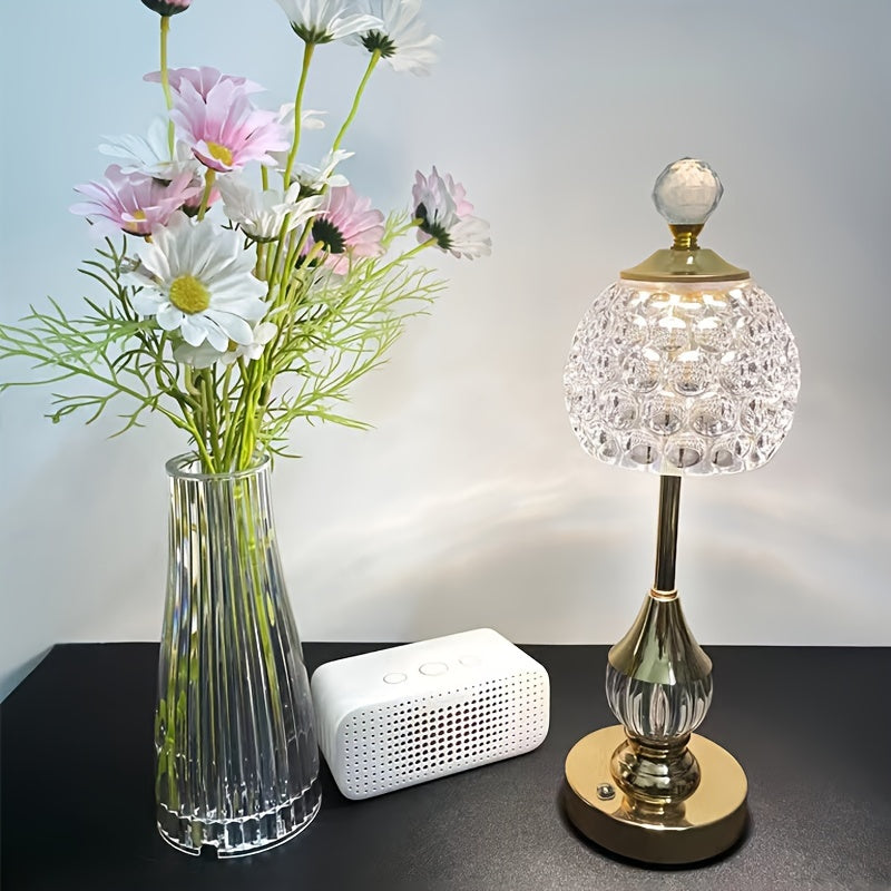 Crystal Touch Table Lamp, Luxury Rechargeable Dimmable LED Glass Bedside Light for Bedroom, Home Office and Living Room