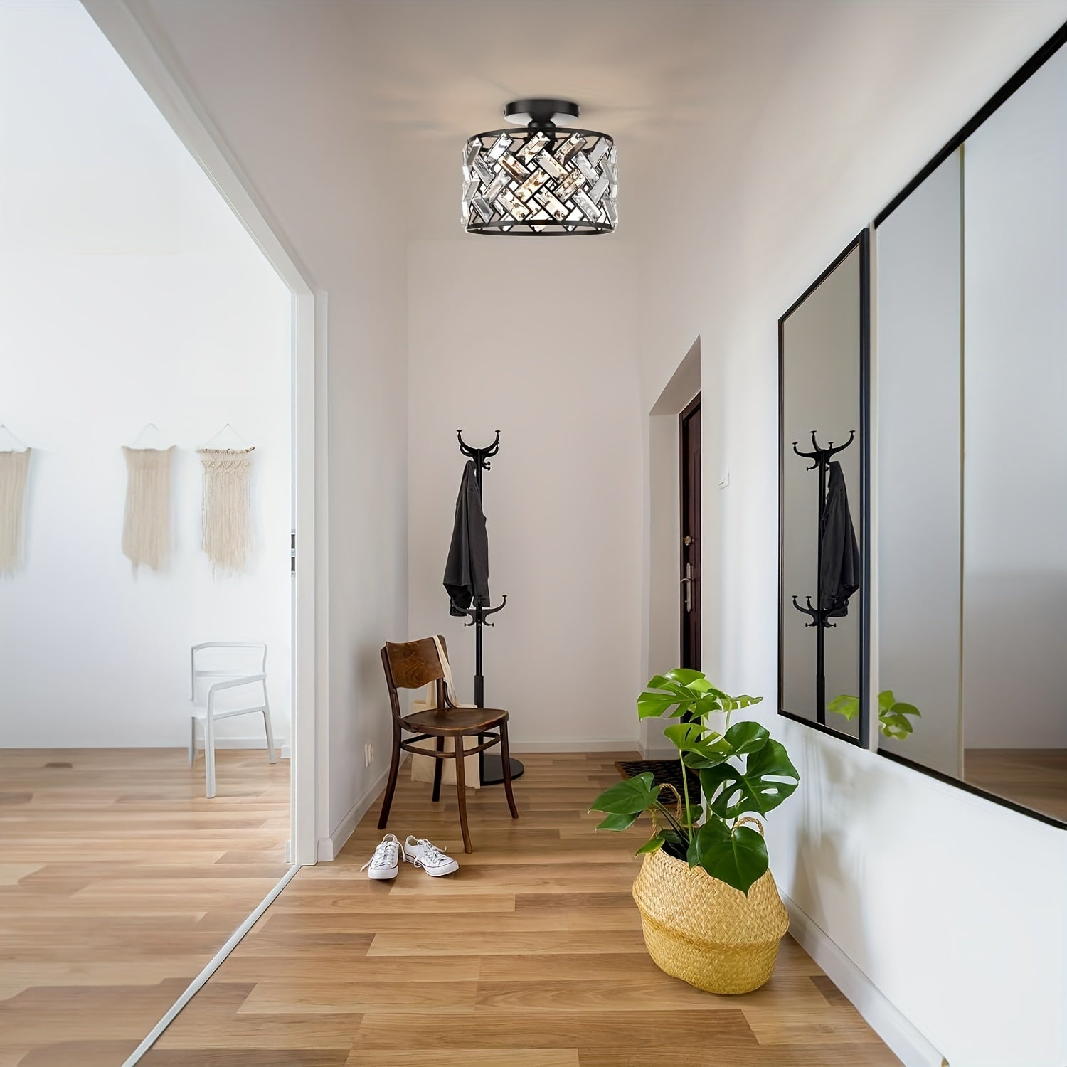 Modern Crystal Semi Flush Mount Ceiling Light, Minimalist Glass Crystal Lamp for Living Room, Bedroom, Hallway and Dining Room