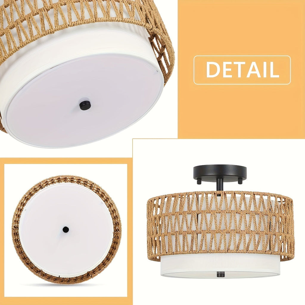 Boho Rattan Ceiling Light, Handwoven Rattan and Woven Fabric Semi Flush Mount, Natural Ceiling Lamp for Living Room, Bedroom and Hallway