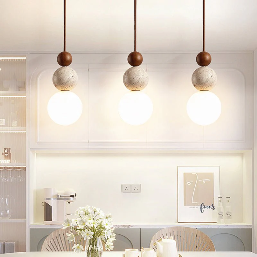 Cleonice Pendant Light, Luxury Travertine, Solid Wood and Glass Hanging Lamp for Dining Room, Living Room, Bedroom and Hallway