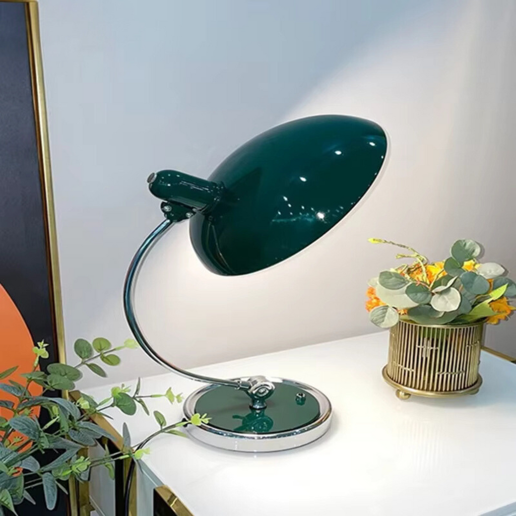 ScandiArc Table Lamp, Scandinavian Brushed Metal Curved Desk Lamp, Arc Accent Light for Home Office, Study and Living Room