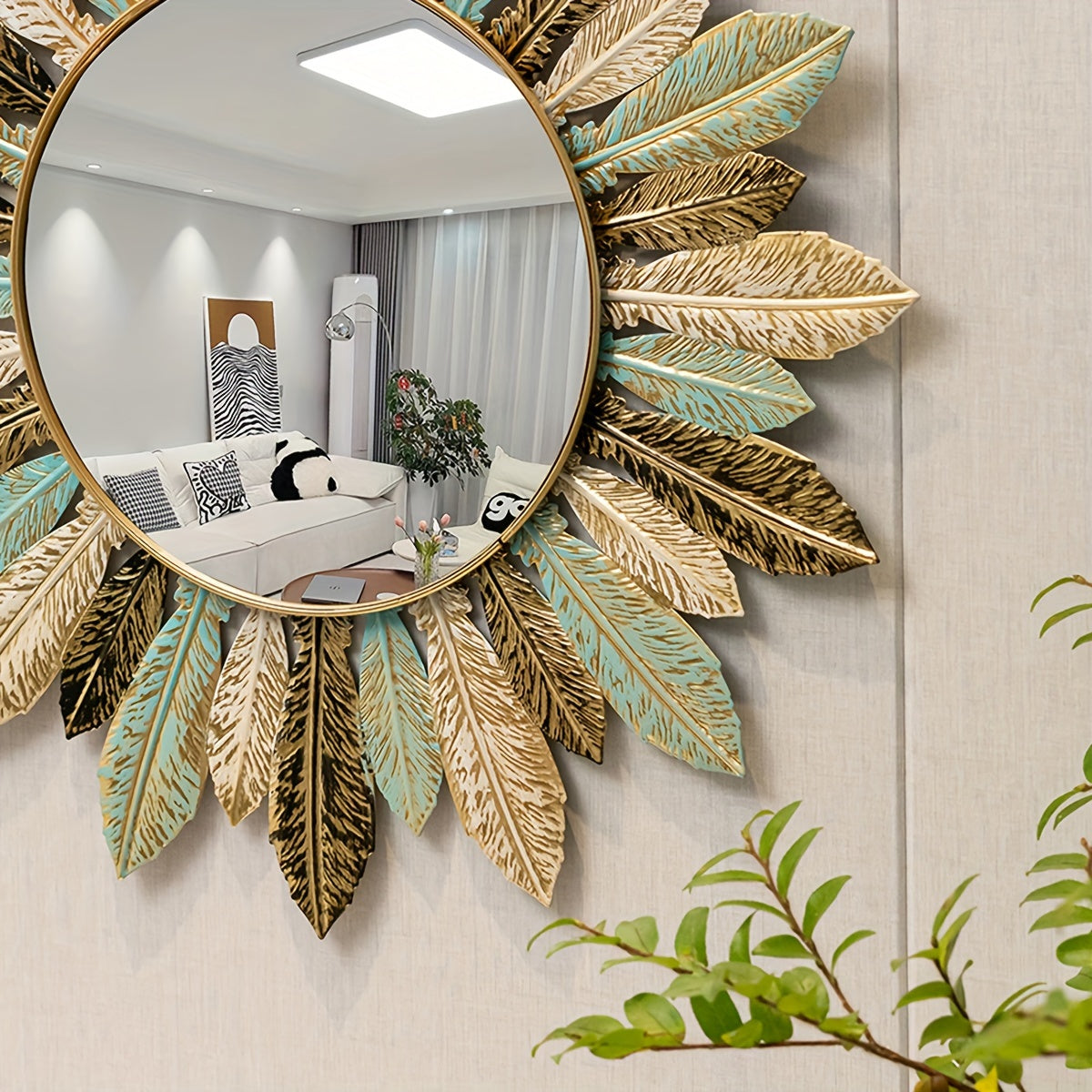 Bohemian Sunburst Metal Wall Mirror, Boho Brushed Metal Decorative Wall Mirror for Bathroom, Hallway and Living Room