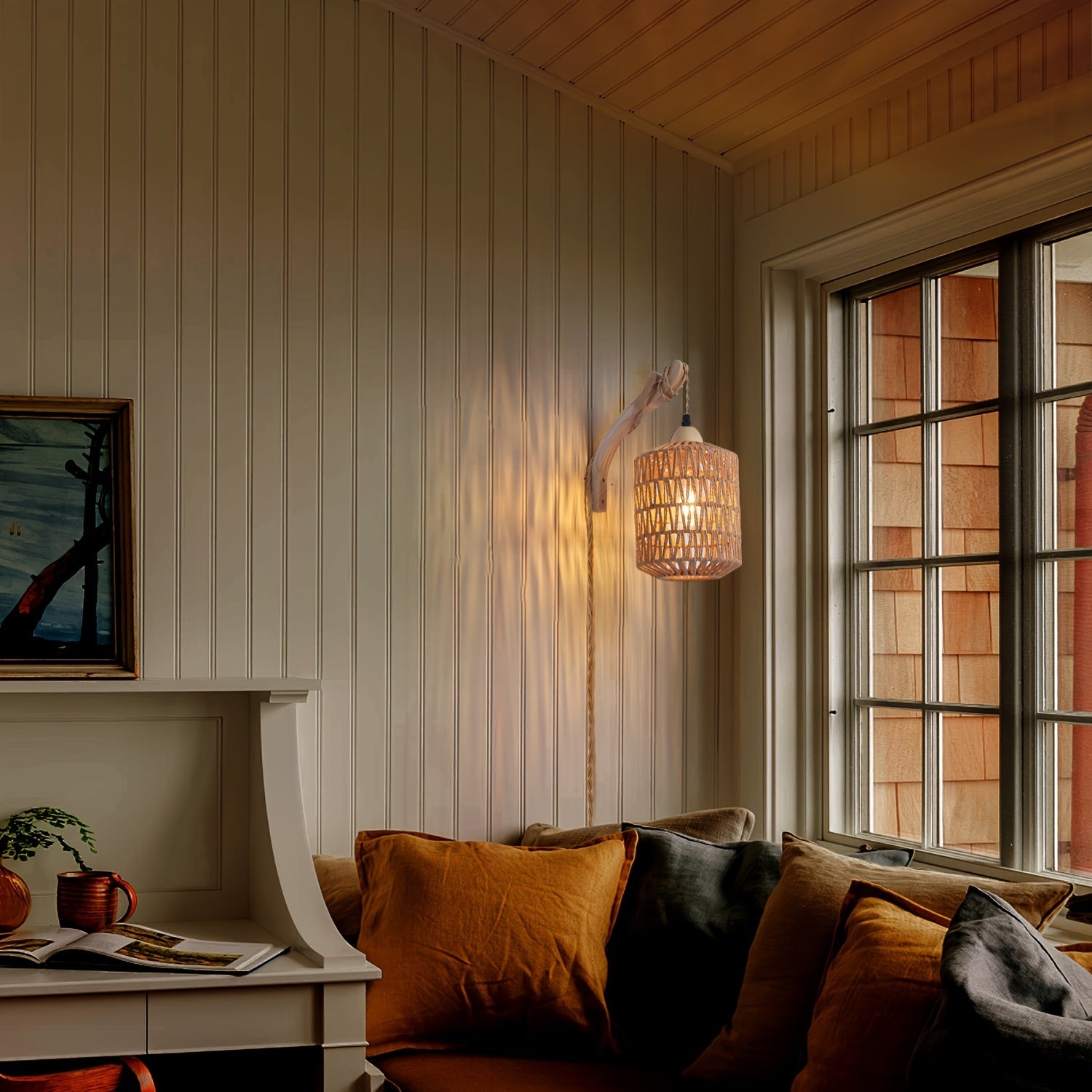 Boho Wood & Rattan Wall Lamp, Handwoven Rattan and Solid Wood Plug In Wall Sconce for Bedroom, Living Room and Hallway