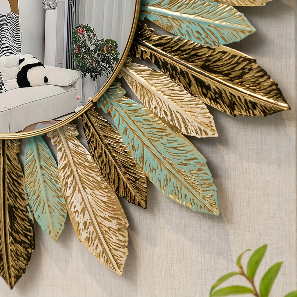 Bohemian Sunburst Metal Wall Mirror, Boho Brushed Metal Decorative Wall Mirror for Bathroom, Hallway and Living Room
