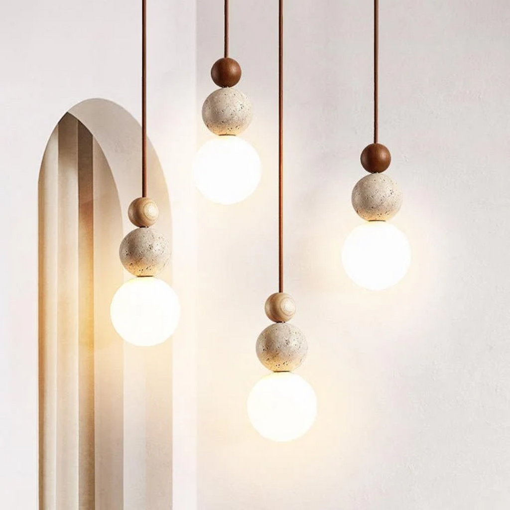 Cleonice Pendant Light, Luxury Travertine, Solid Wood and Glass Hanging Lamp for Dining Room, Living Room, Bedroom and Hallway