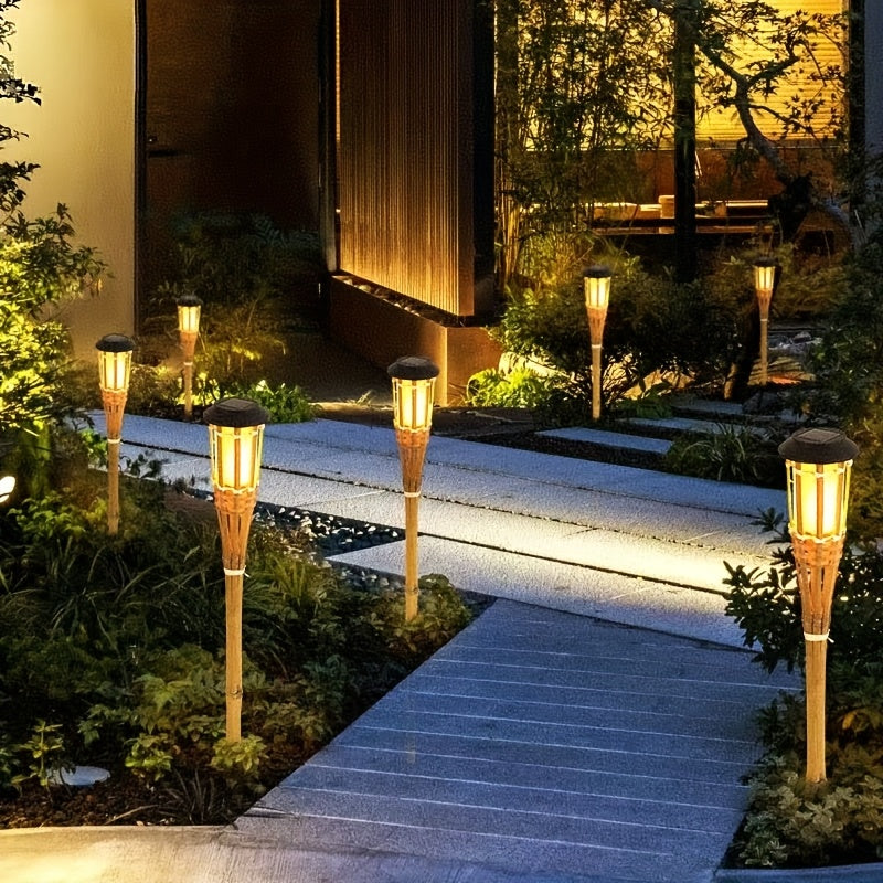 Solar Bamboo Flame Lights 2 Pack, Contemporary Solid Wood and Rattan Solar Garden Lanterns, Outdoor LED Lights for Patio, Path and Lawn