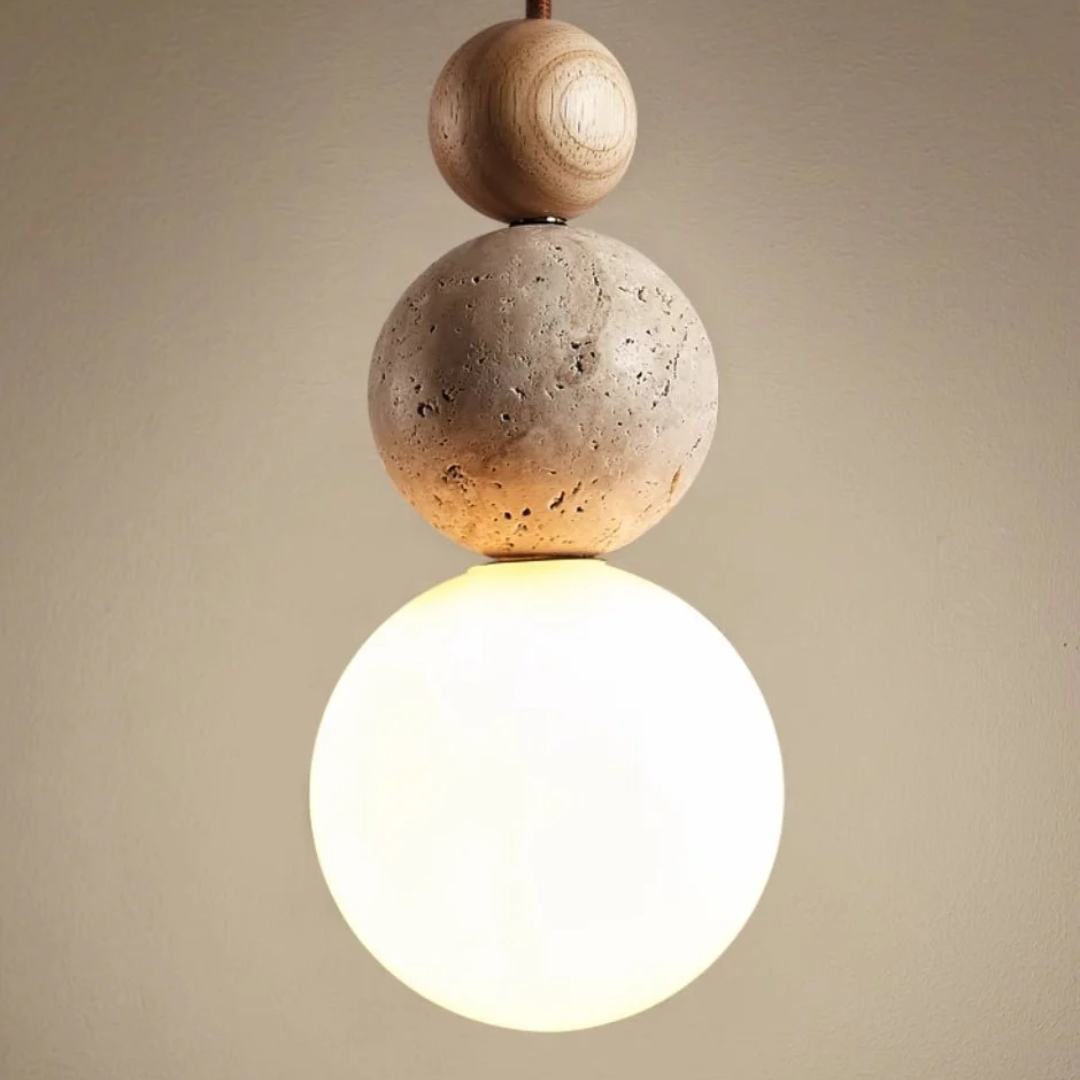 Cleonice Pendant Light, Luxury Travertine, Solid Wood and Glass Hanging Lamp for Dining Room, Living Room, Bedroom and Hallway