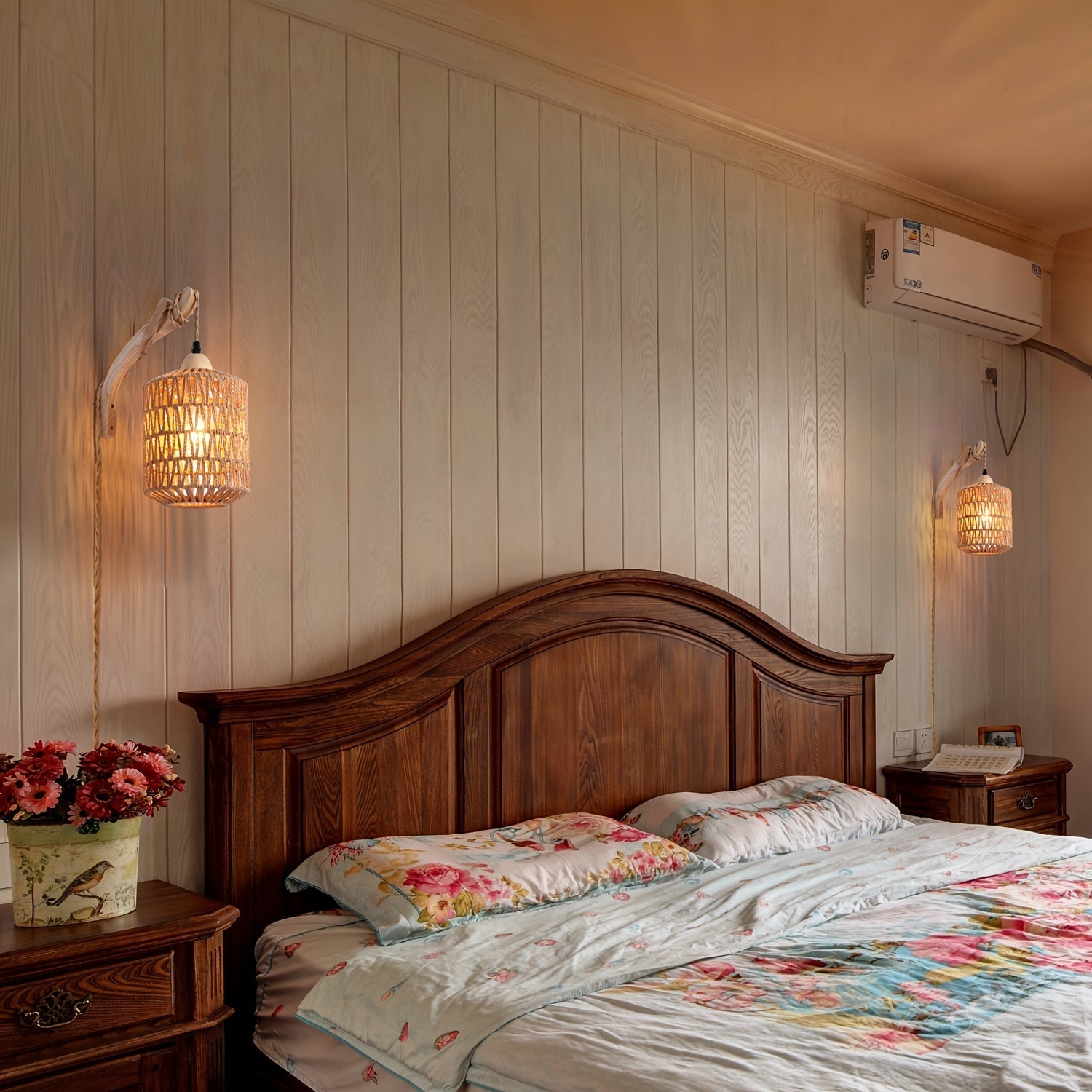 Boho Wood & Rattan Wall Lamp, Handwoven Rattan and Solid Wood Plug In Wall Sconce for Bedroom, Living Room and Hallway