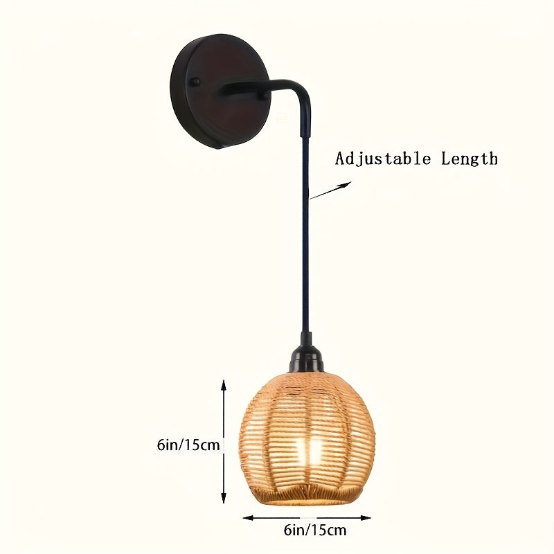 Boho Rattan Wall Lamp, Handwoven Natural Rattan Wall Sconce, Warm Bedside and Living Room Wall Light for Bedroom, Hallway and Reading Nook