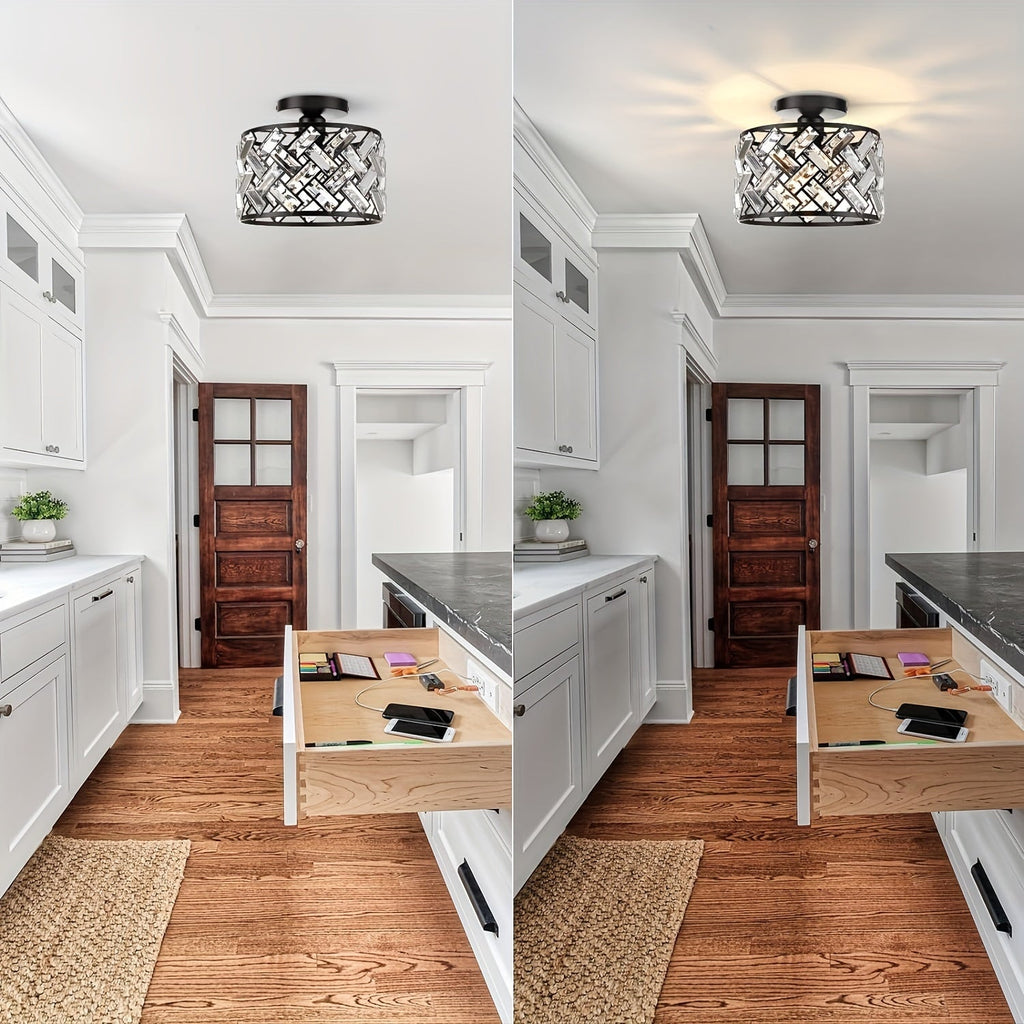 Modern Crystal Semi Flush Mount Ceiling Light, Minimalist Glass Crystal Lamp for Living Room, Bedroom, Hallway and Dining Room