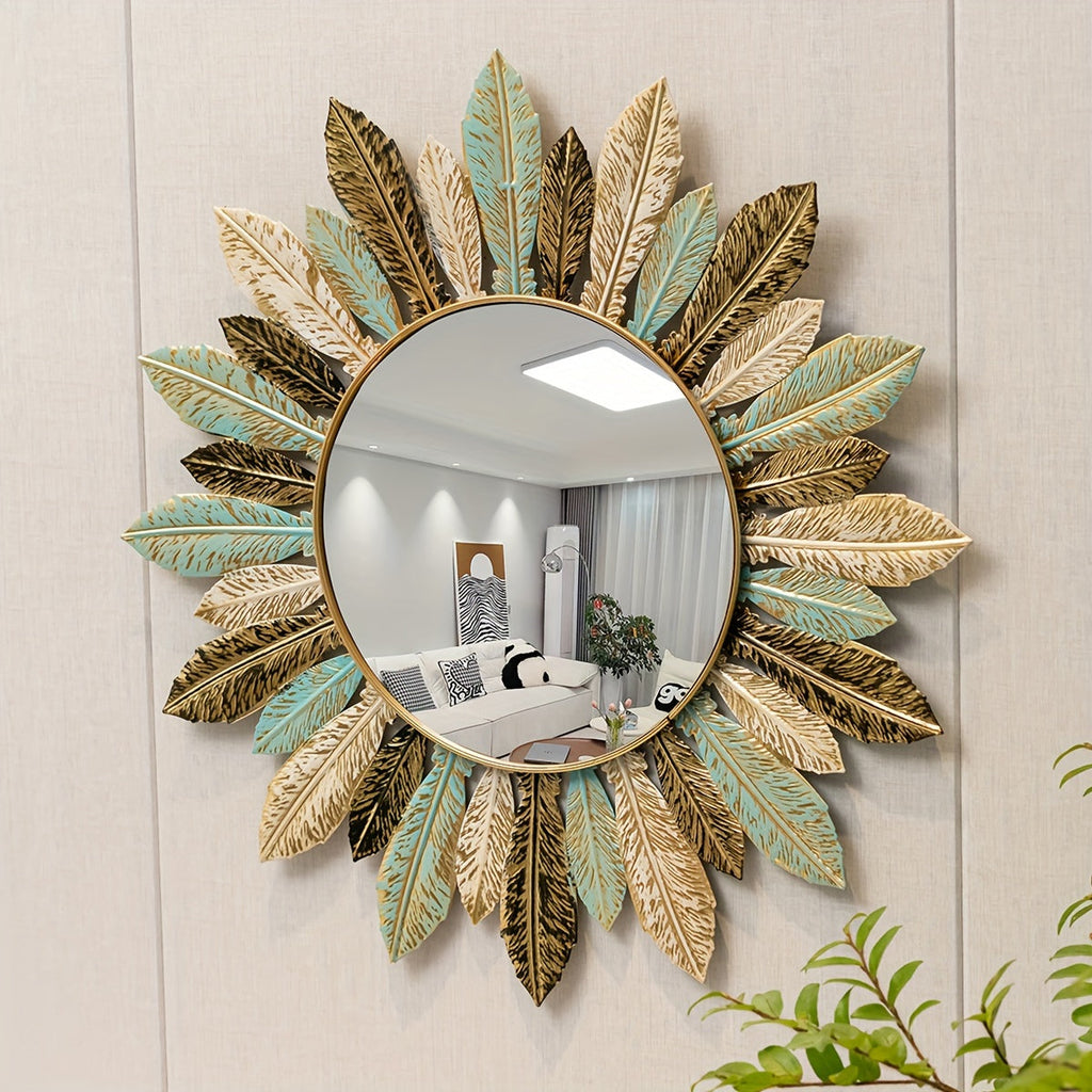 Bohemian Sunburst Metal Wall Mirror, Boho Brushed Metal Decorative Wall Mirror for Bathroom, Hallway and Living Room