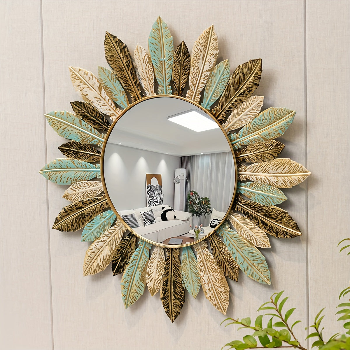 Bohemian Sunburst Metal Wall Mirror, Boho Brushed Metal Decorative Wall Mirror for Bathroom, Hallway and Living Room