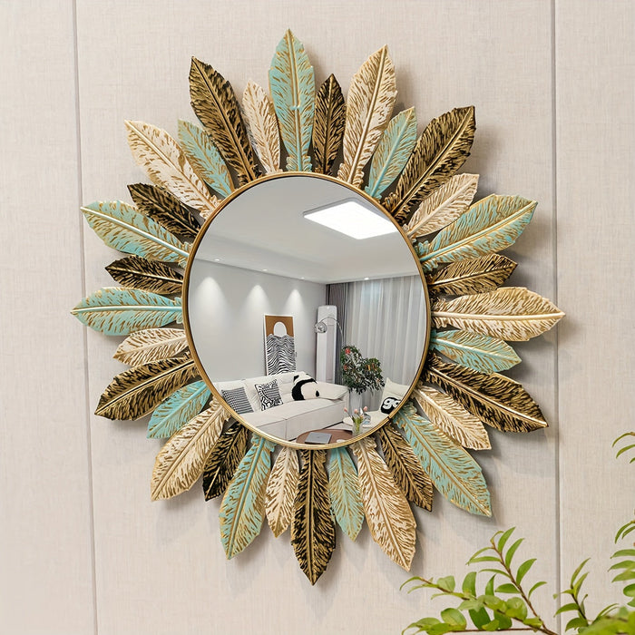Bohemian Sunburst Metal Wall Mirror, Boho Brushed Metal Decorative Wall Mirror for Bathroom, Hallway and Living Room