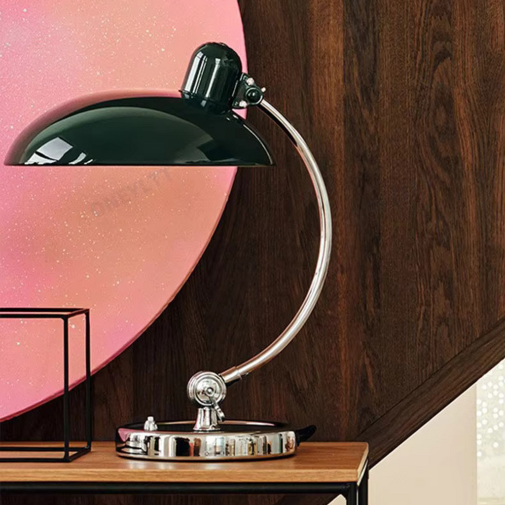 ScandiArc Table Lamp, Scandinavian Brushed Metal Curved Desk Lamp, Arc Accent Light for Home Office, Study and Living Room