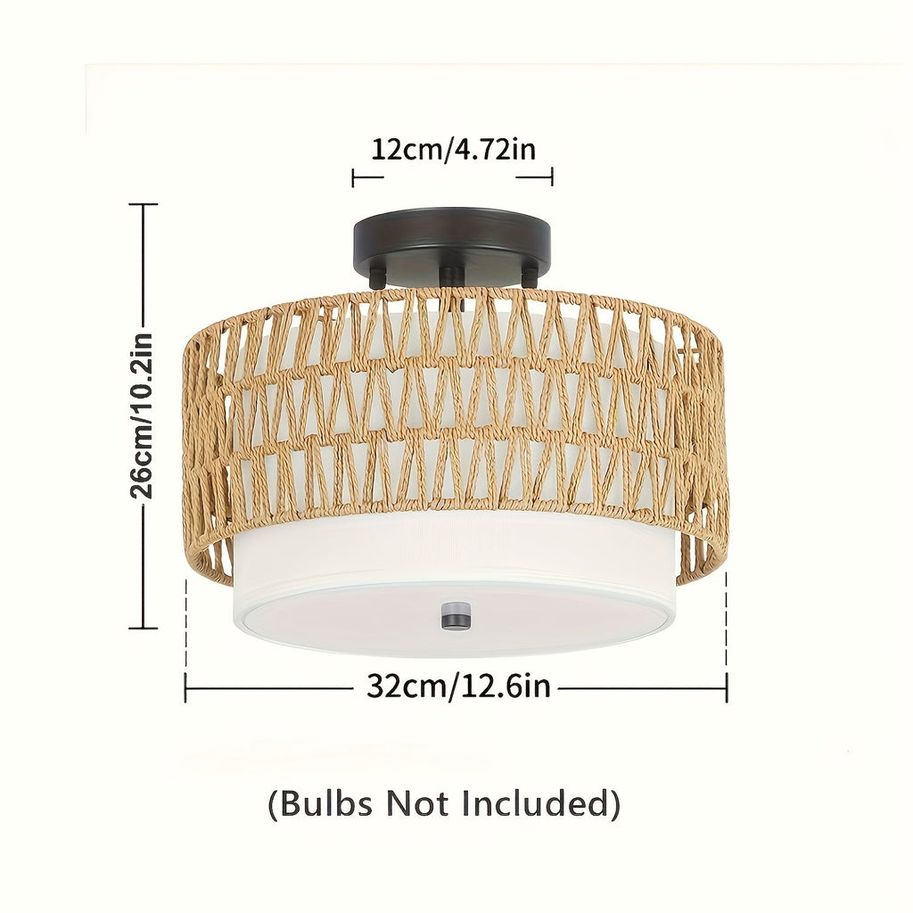 Boho Rattan Ceiling Light, Handwoven Rattan and Woven Fabric Semi Flush Mount, Natural Ceiling Lamp for Living Room, Bedroom and Hallway