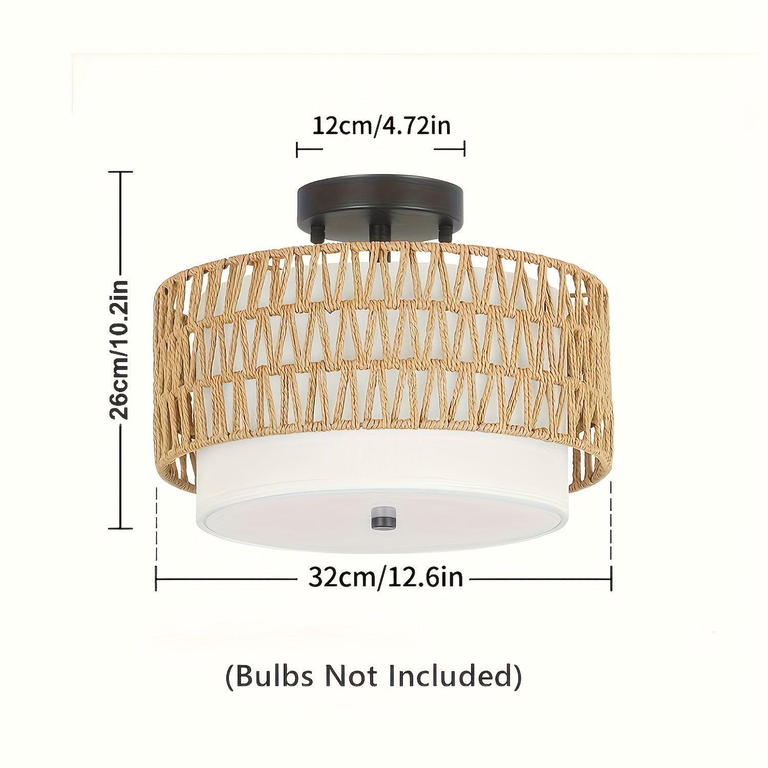 Boho Rattan Ceiling Light, Handwoven Rattan and Woven Fabric Semi Flush Mount, Natural Ceiling Lamp for Living Room, Bedroom and Hallway