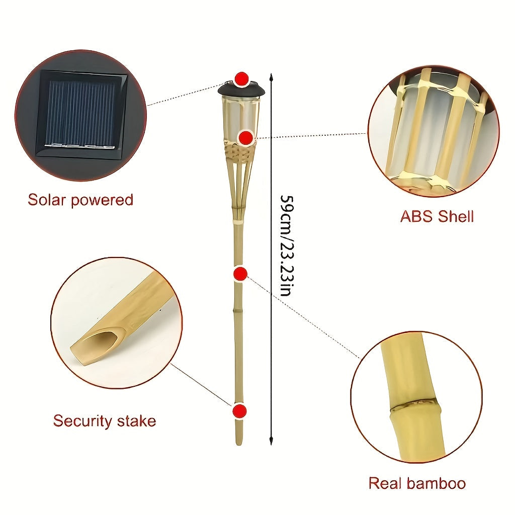 Solar Bamboo Flame Lights 2 Pack, Contemporary Solid Wood and Rattan Solar Garden Lanterns, Outdoor LED Lights for Patio, Path and Lawn