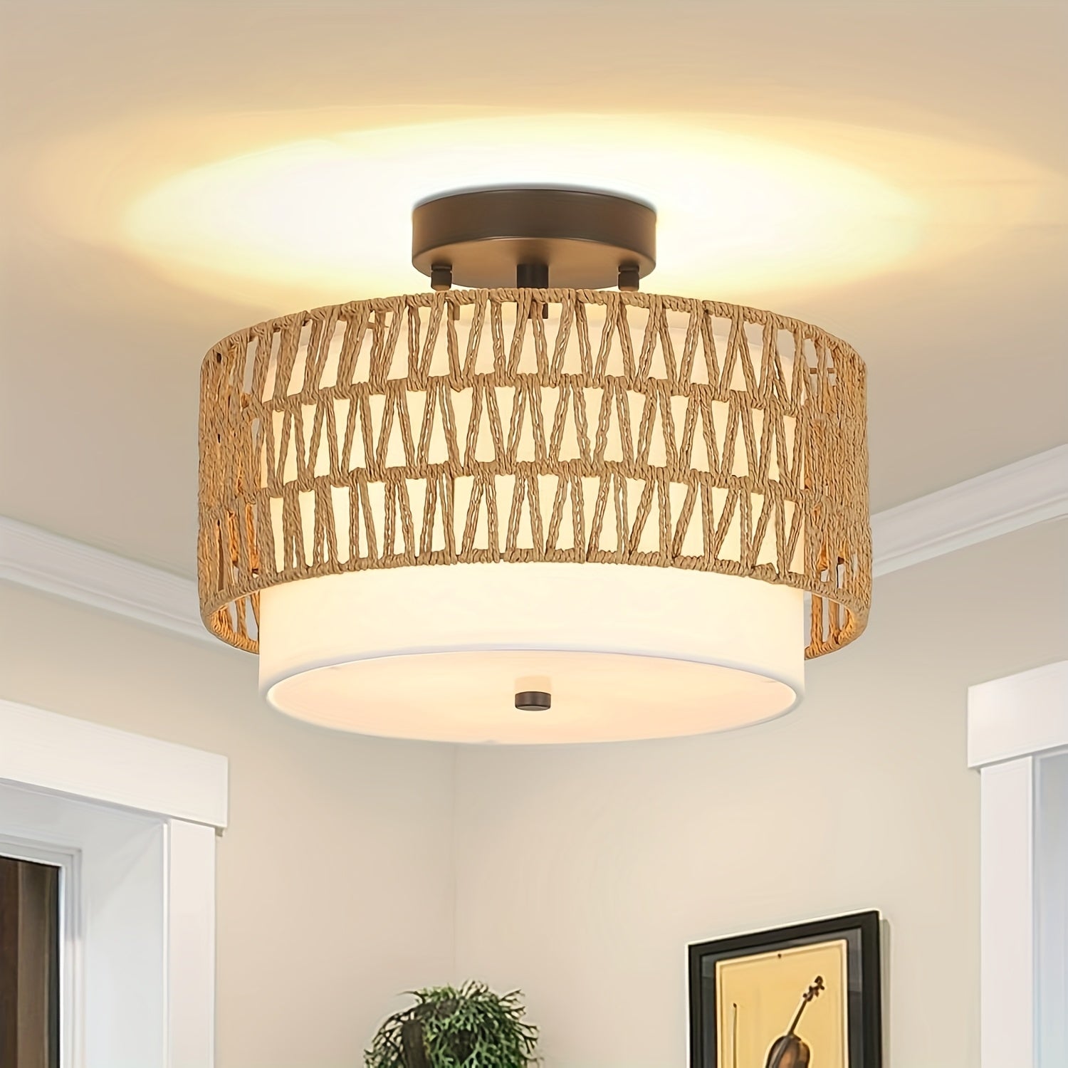 Boho Rattan Ceiling Light, Handwoven Rattan and Woven Fabric Semi Flush Mount, Natural Ceiling Lamp for Living Room, Bedroom and Hallway