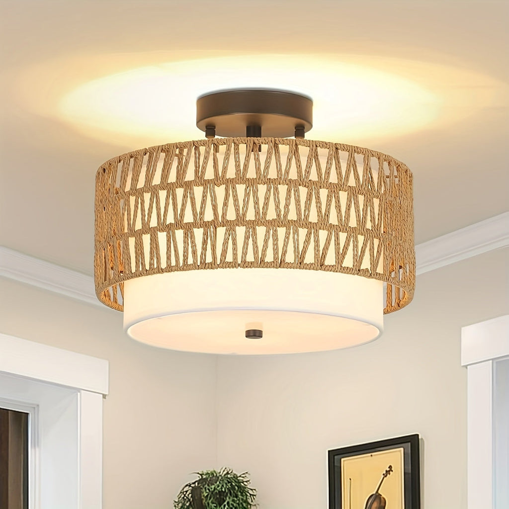 Boho Rattan Ceiling Light, Handwoven Rattan and Woven Fabric Semi Flush Mount, Natural Ceiling Lamp for Living Room, Bedroom and Hallway