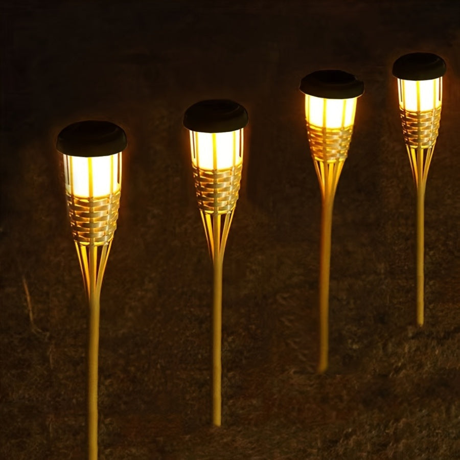 Solar Bamboo Flame Lights 2 Pack, Contemporary Solid Wood and Rattan Solar Garden Lanterns, Outdoor LED Lights for Patio, Path and Lawn