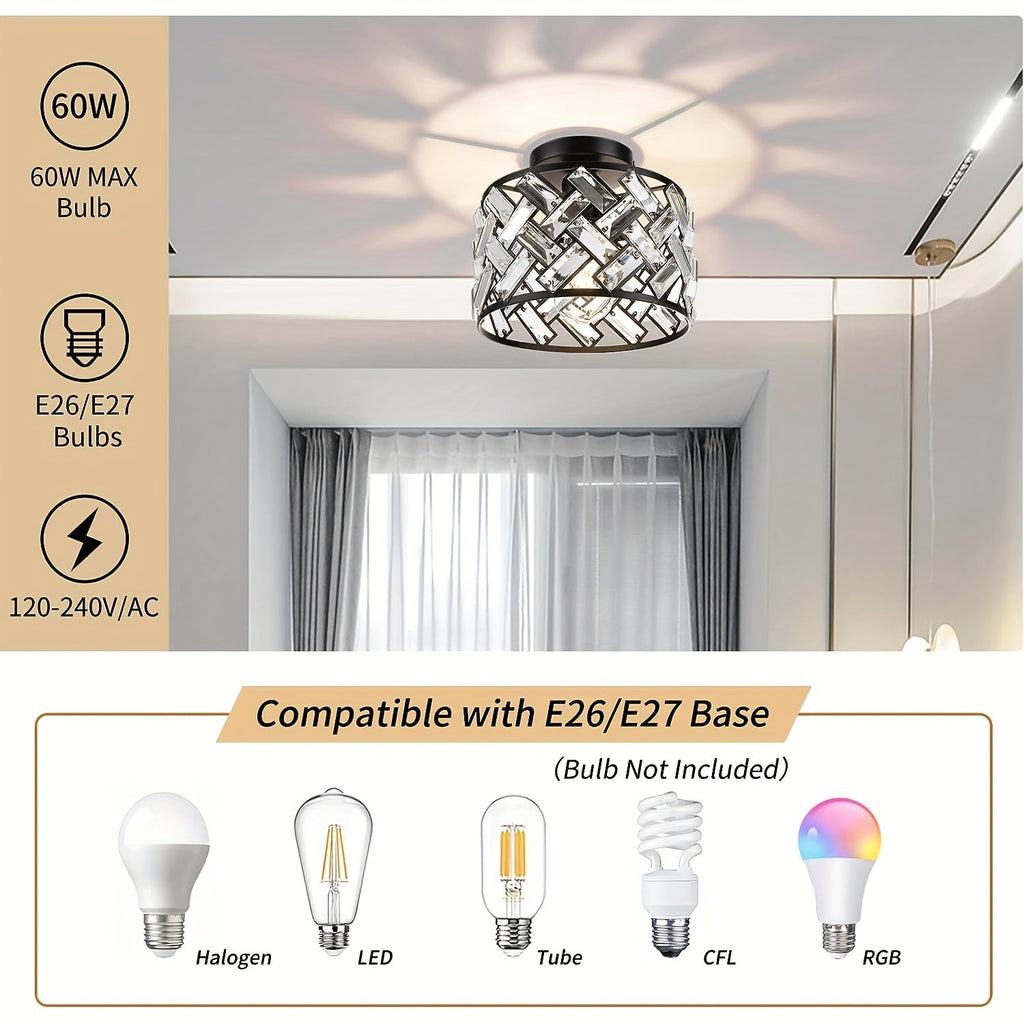 Modern Crystal Semi Flush Mount Ceiling Light, Minimalist Glass Crystal Lamp for Living Room, Bedroom, Hallway and Dining Room