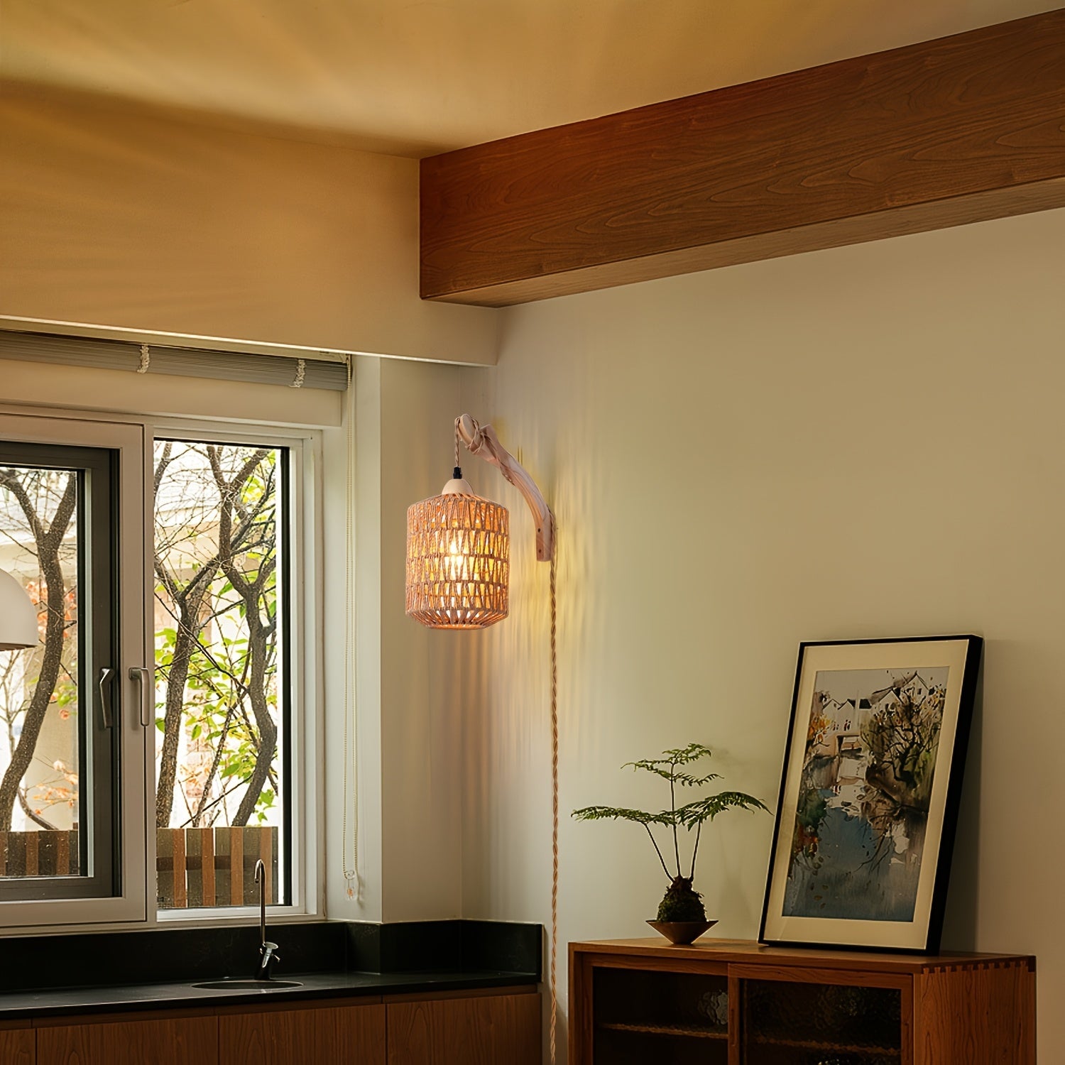 Boho Wood & Rattan Wall Lamp, Handwoven Rattan and Solid Wood Plug In Wall Sconce for Bedroom, Living Room and Hallway