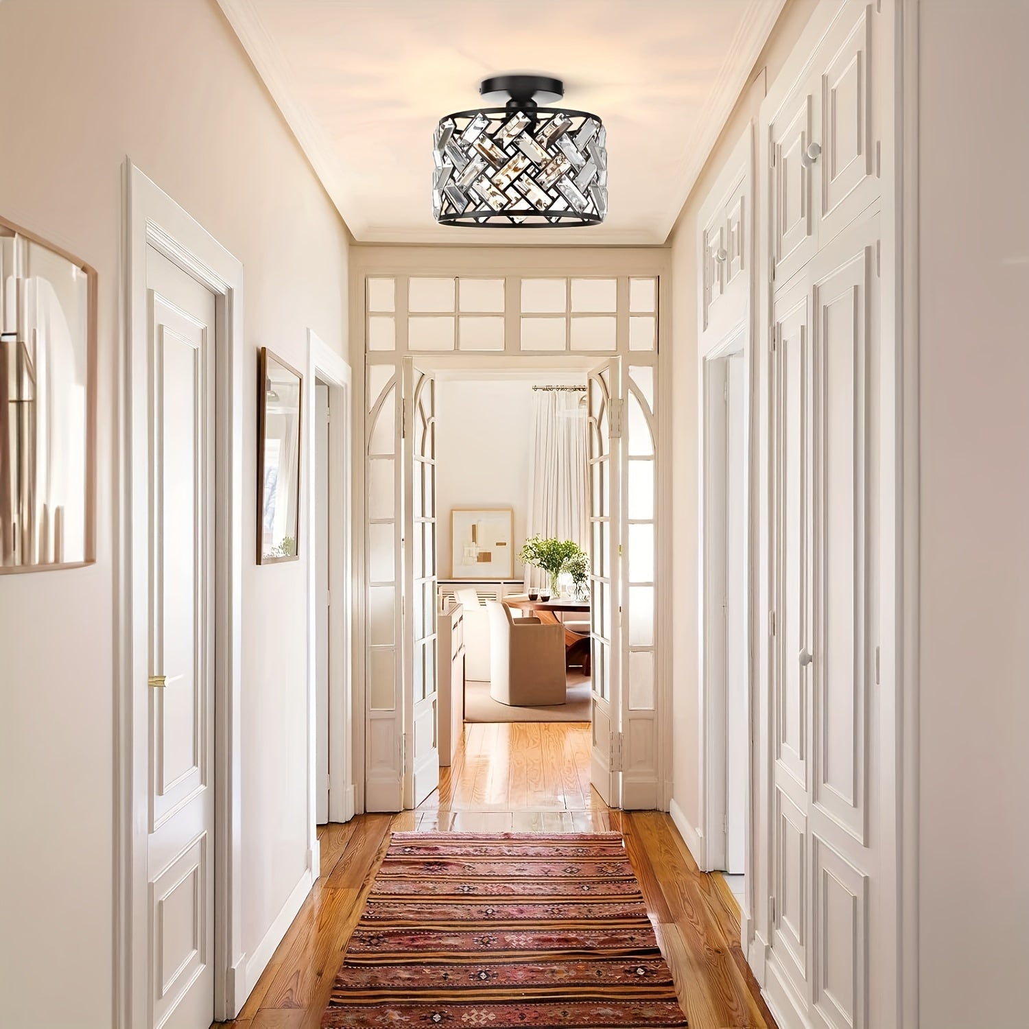 Modern Crystal Semi Flush Mount Ceiling Light, Minimalist Glass Crystal Lamp for Living Room, Bedroom, Hallway and Dining Room