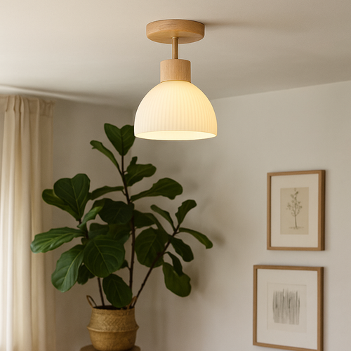 Ailse Ceiling Lamp, Contemporary Solid Wood and Glass LED Ceiling Light for Hallway, Landing, Bedroom and Living Room