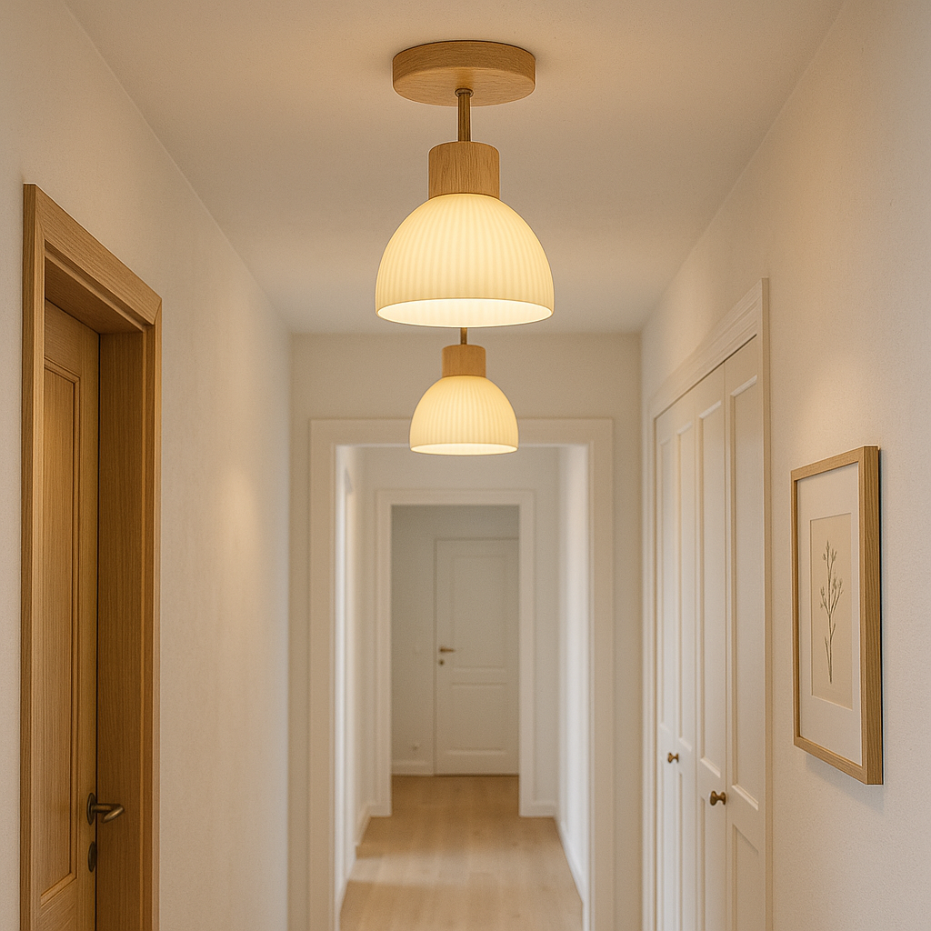 Ailse Ceiling Lamp, Contemporary Solid Wood and Glass LED Ceiling Light for Hallway, Landing, Bedroom and Living Room