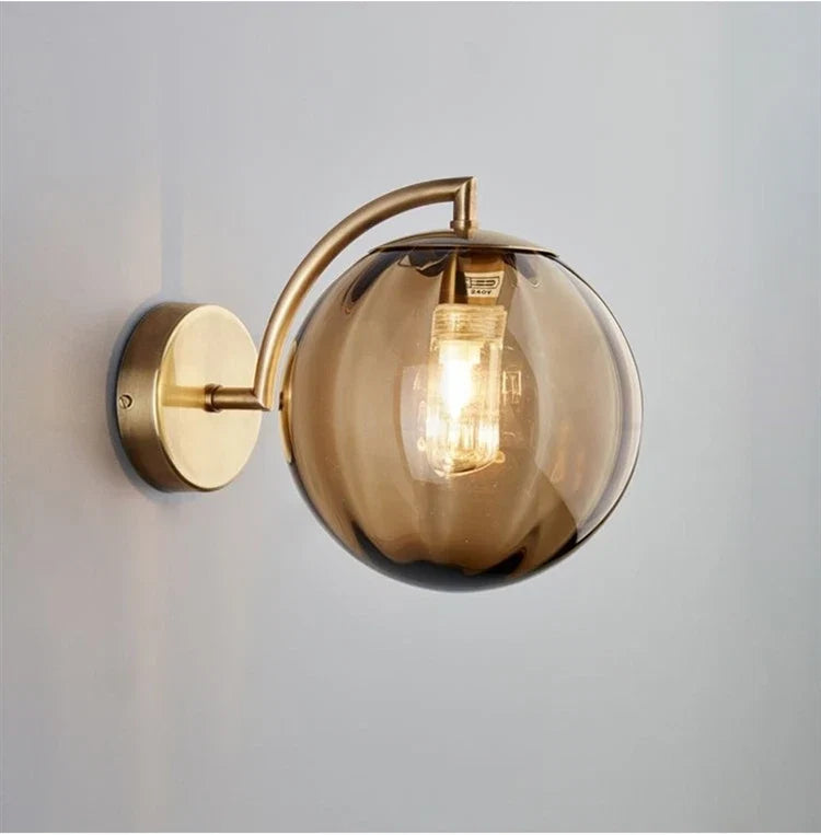 Modern Glass Ball Wall Lamp, Minimalist Tinted Glass and Brass Sconce, Concealed Fitting Wall Light for Living Room, Bedroom and Hallway