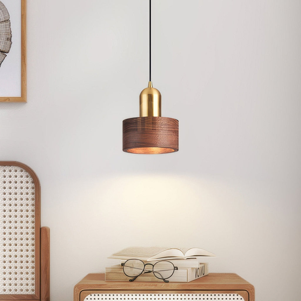 Cylinder Pendant Light, Luxury Solid Walnut and Brass Hanging Lamp for Dining Room, Living Room, Hallway and Kitchen Island