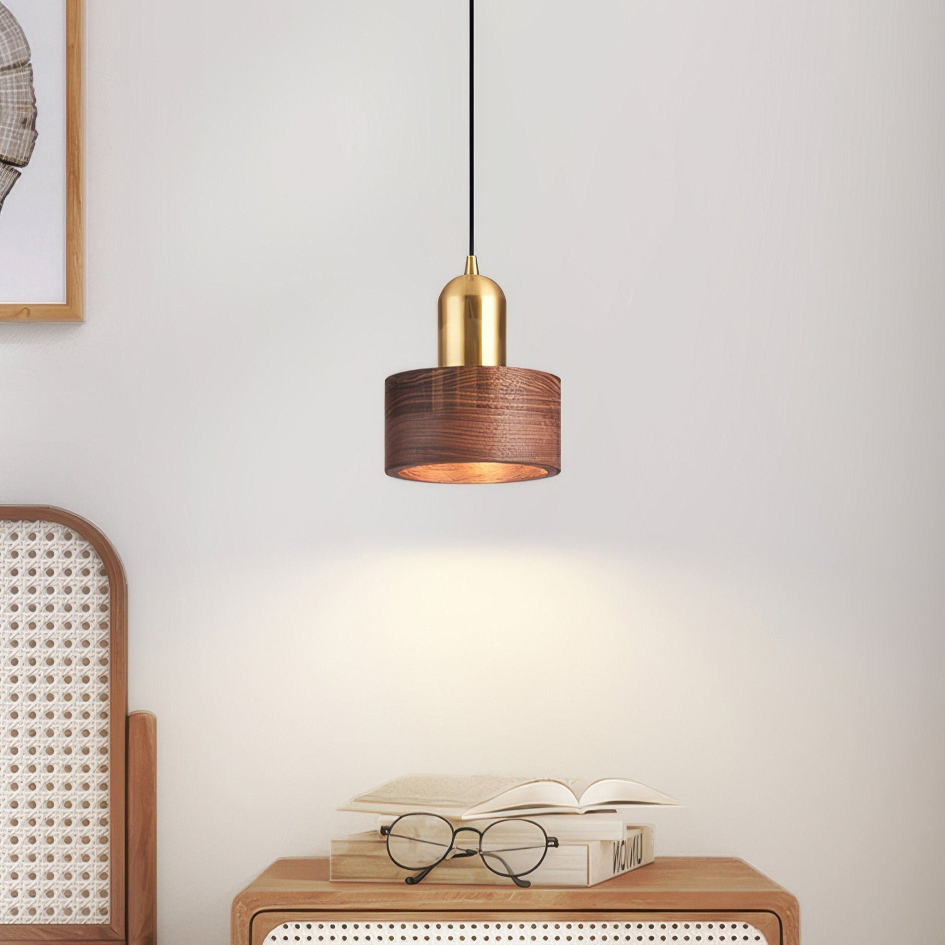Cylinder Pendant Light, Luxury Solid Walnut and Brass Hanging Lamp for Dining Room, Living Room, Hallway and Kitchen Island