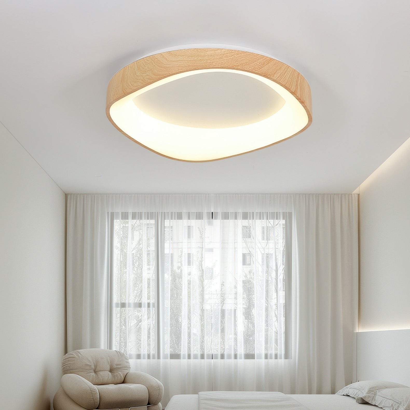 Nordic Artistic Wood Grain Ceiling Light, Scandinavian Solid Wood LED Flush Lamp for Living Room, Bedroom, Hallway and Open Plan Spaces