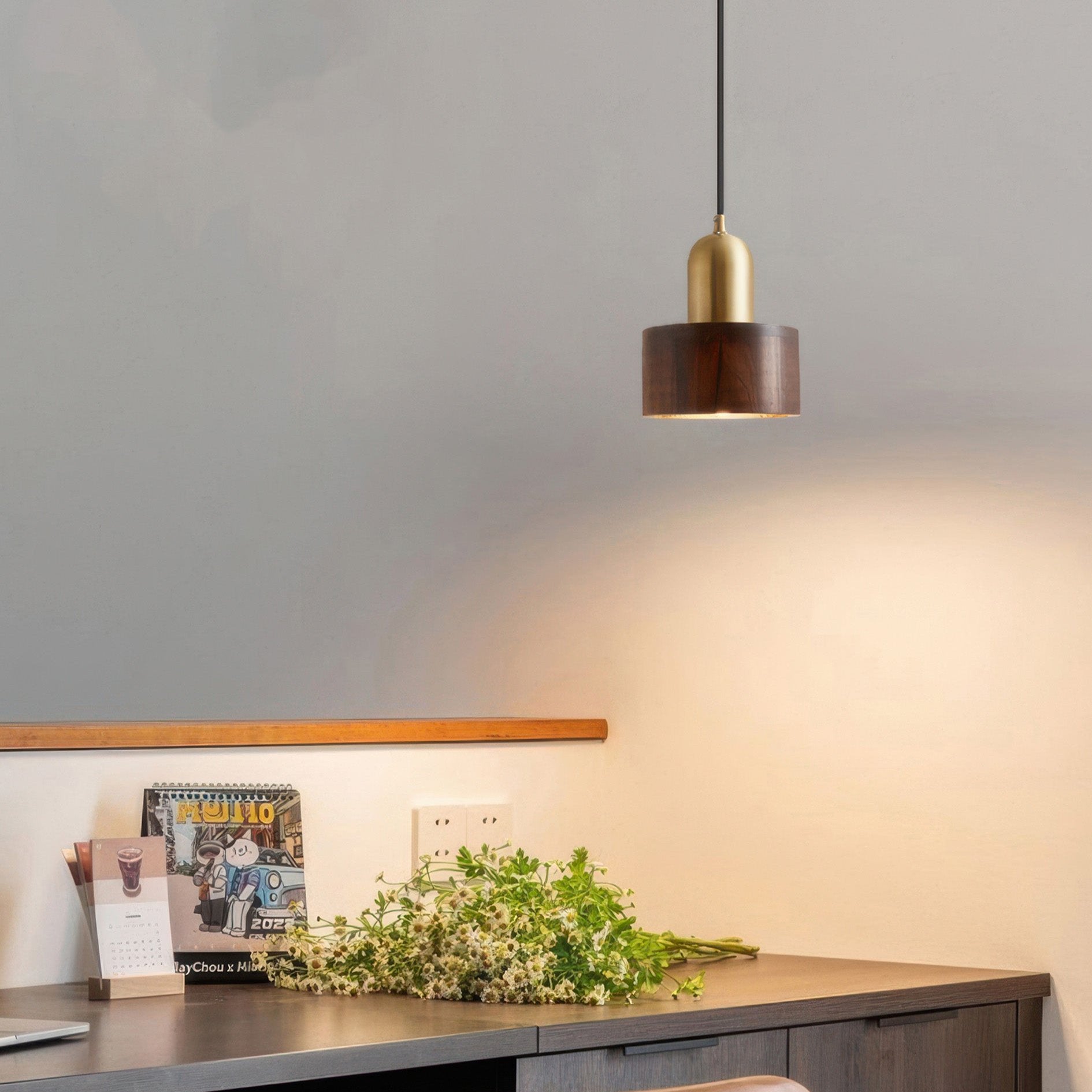 Cylinder Pendant Light, Luxury Solid Walnut and Brass Hanging Lamp for Dining Room, Living Room, Hallway and Kitchen Island