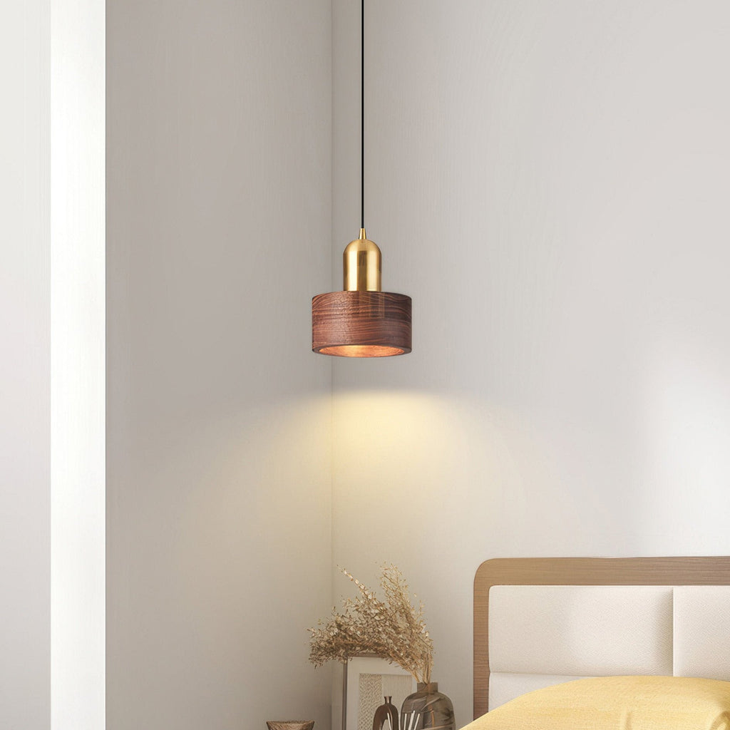 Cylinder Pendant Light, Luxury Solid Walnut and Brass Hanging Lamp for Dining Room, Living Room, Hallway and Kitchen Island
