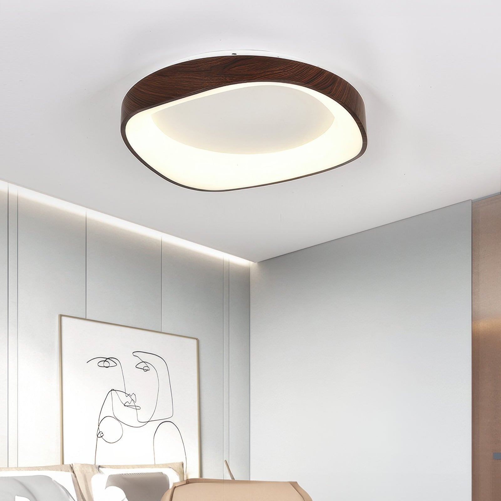 Nordic Artistic Wood Grain Ceiling Light, Scandinavian Solid Wood LED Flush Lamp for Living Room, Bedroom, Hallway and Open Plan Spaces