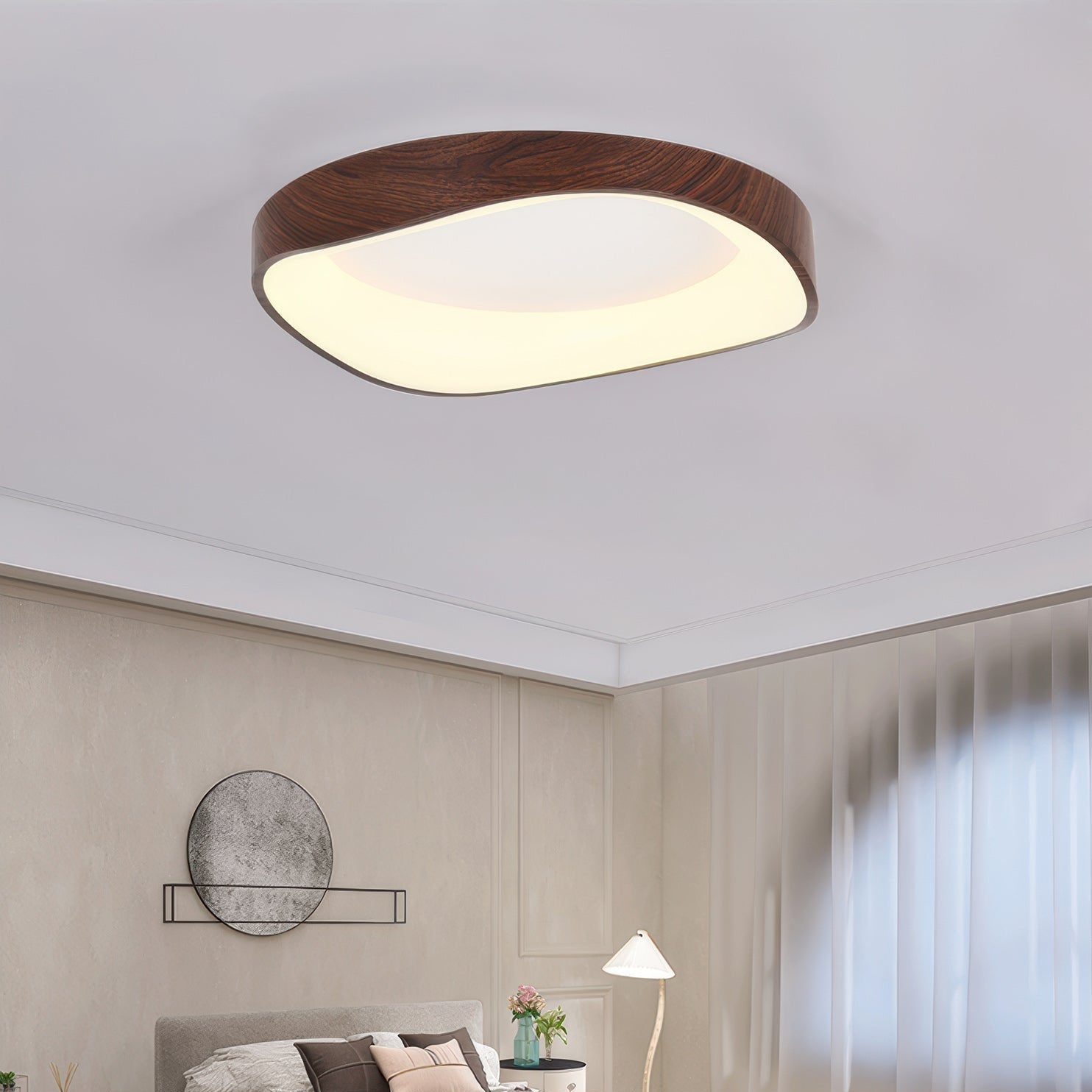 Nordic Artistic Wood Grain Ceiling Light, Scandinavian Solid Wood LED Flush Lamp for Living Room, Bedroom, Hallway and Open Plan Spaces