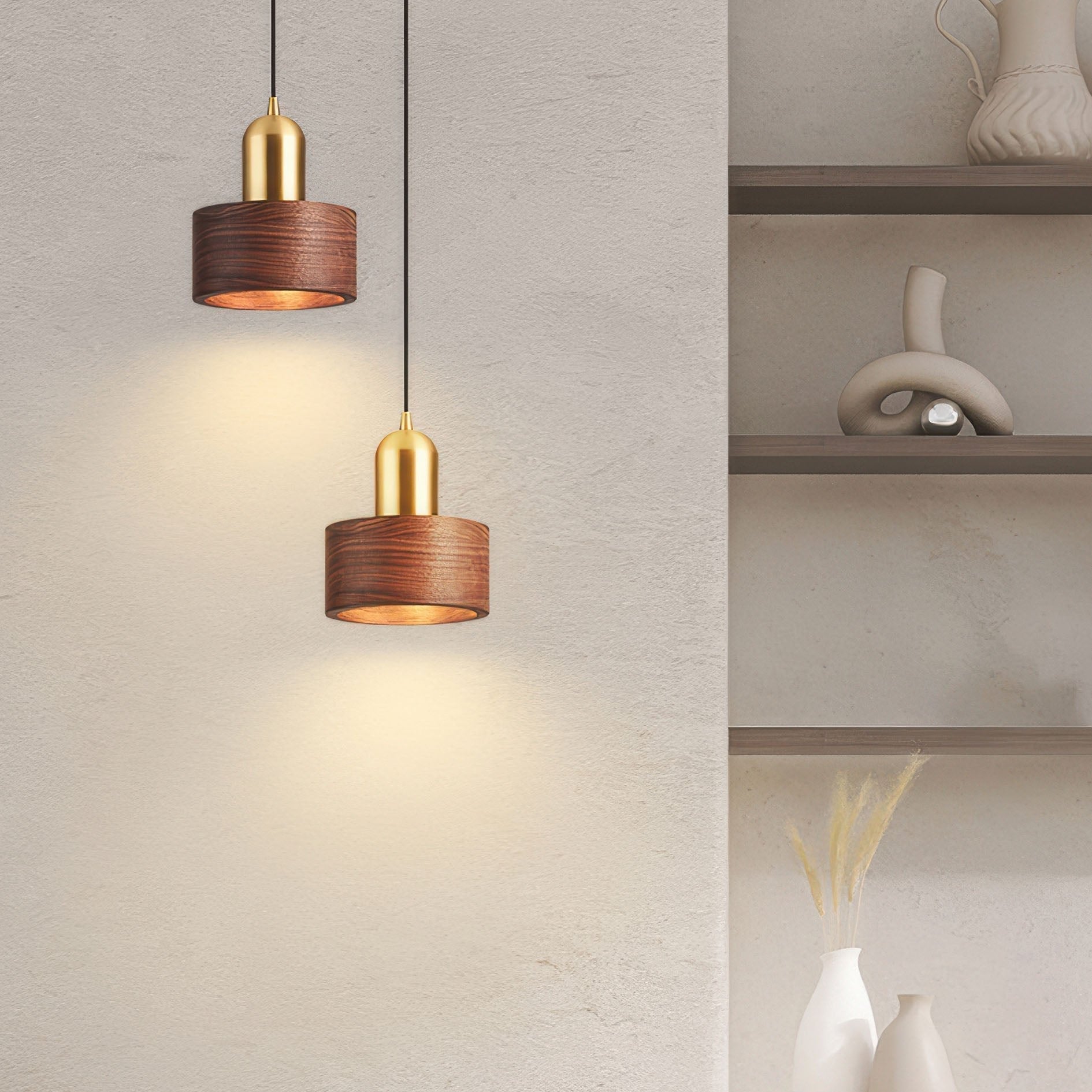 Cylinder Pendant Light, Luxury Solid Walnut and Brass Hanging Lamp for Dining Room, Living Room, Hallway and Kitchen Island