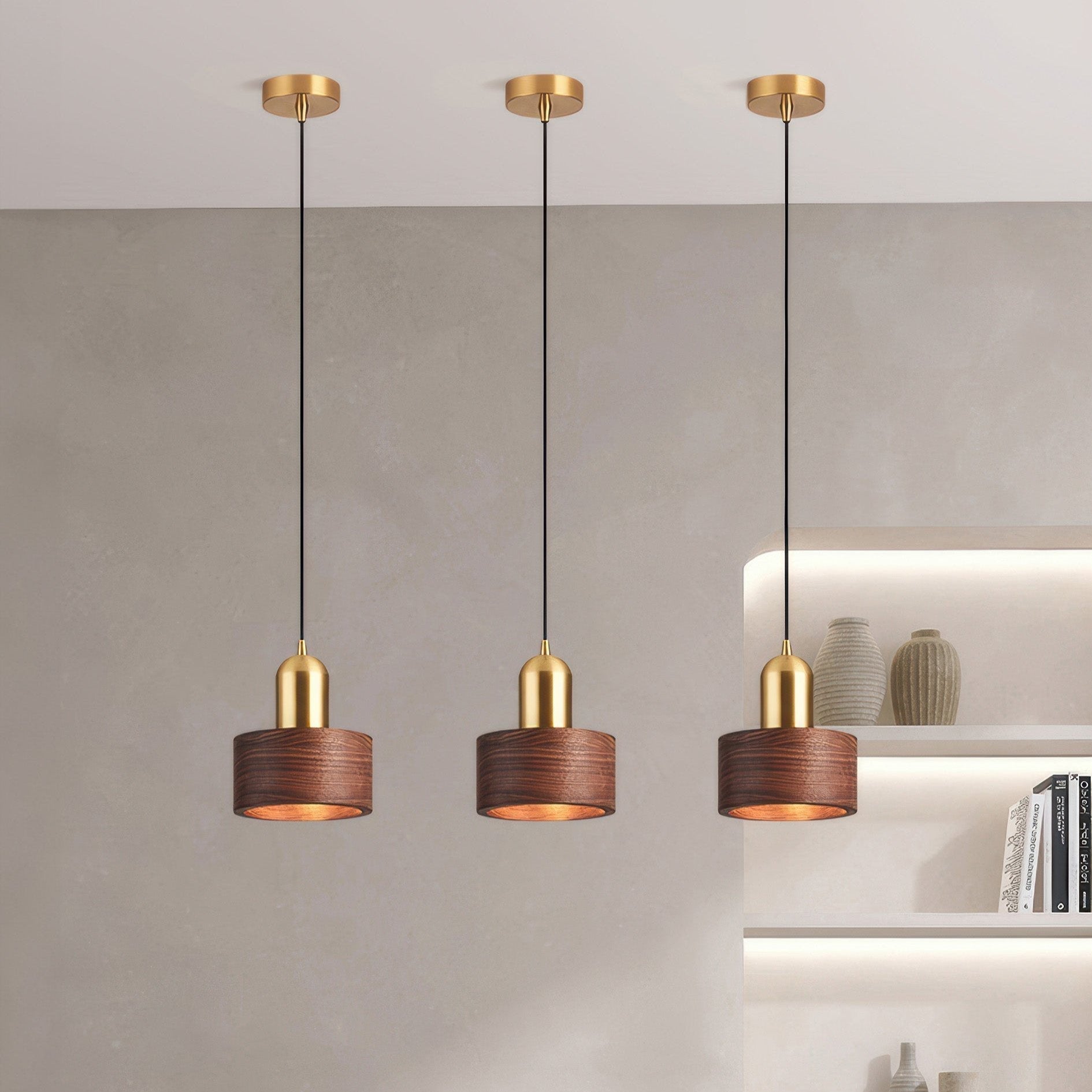 Cylinder Pendant Light, Luxury Solid Walnut and Brass Hanging Lamp for Dining Room, Living Room, Hallway and Kitchen Island