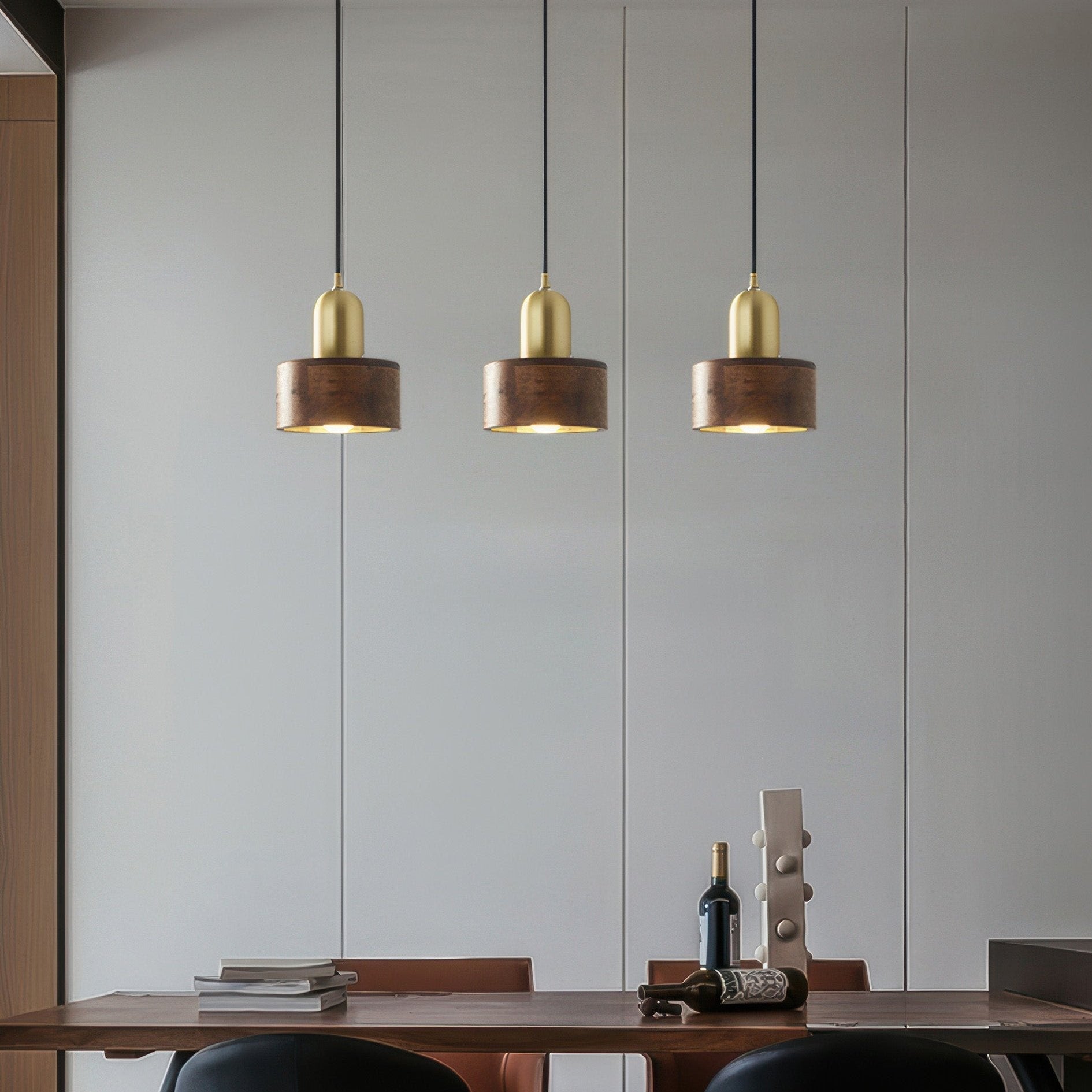 Cylinder Pendant Light, Luxury Solid Walnut and Brass Hanging Lamp for Dining Room, Living Room, Hallway and Kitchen Island