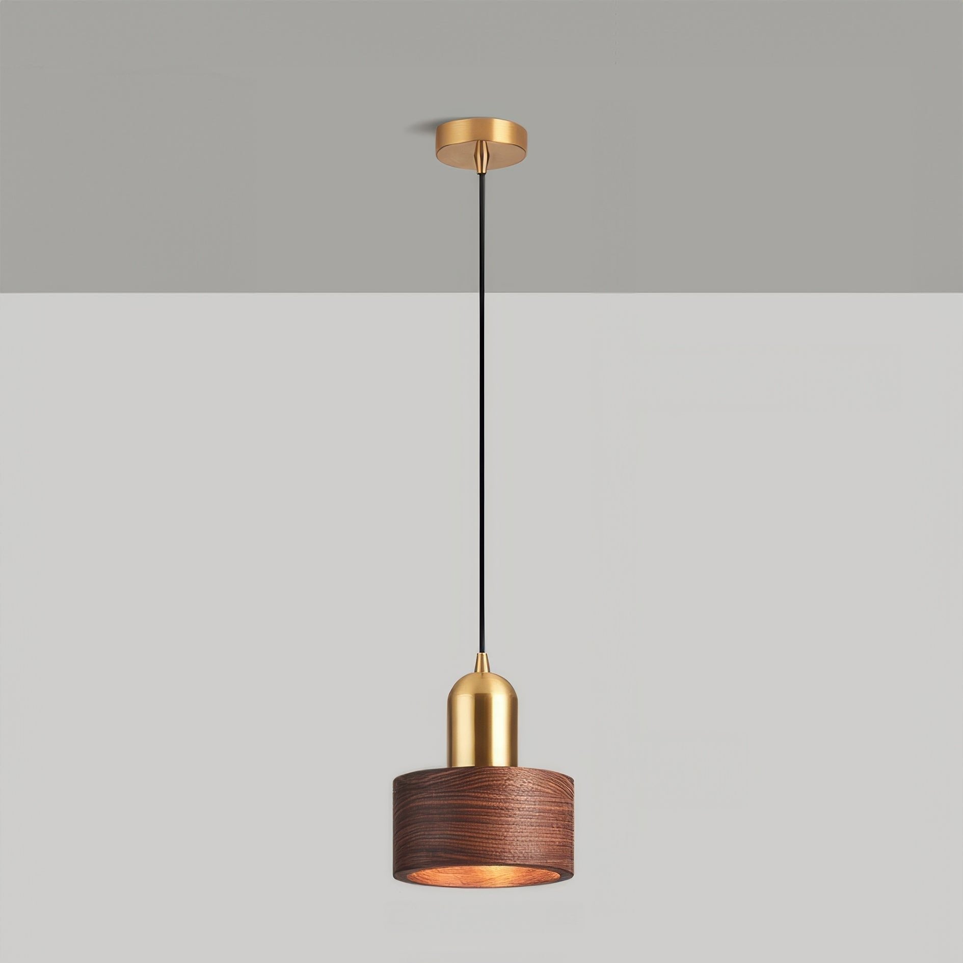 Cylinder Pendant Light, Luxury Solid Walnut and Brass Hanging Lamp for Dining Room, Living Room, Hallway and Kitchen Island