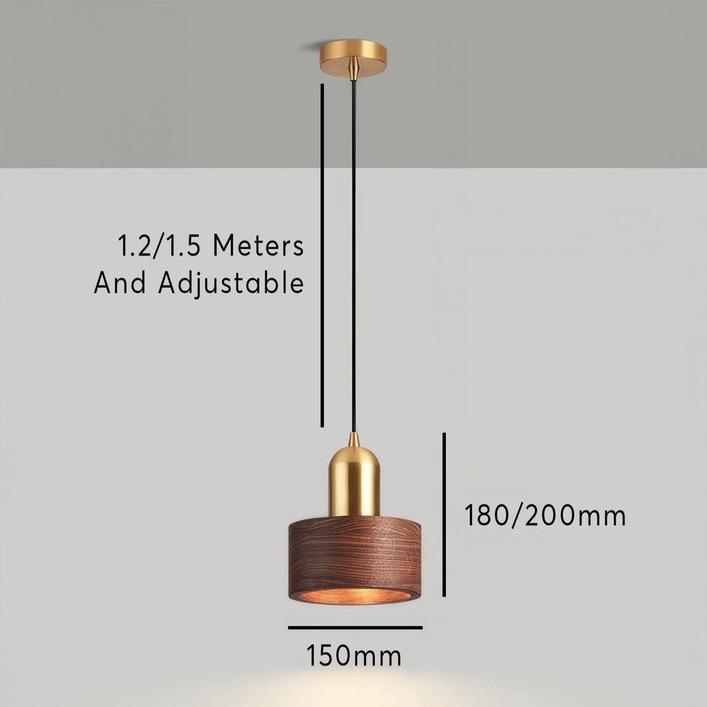Cylinder Pendant Light, Luxury Solid Walnut and Brass Hanging Lamp for Dining Room, Living Room, Hallway and Kitchen Island