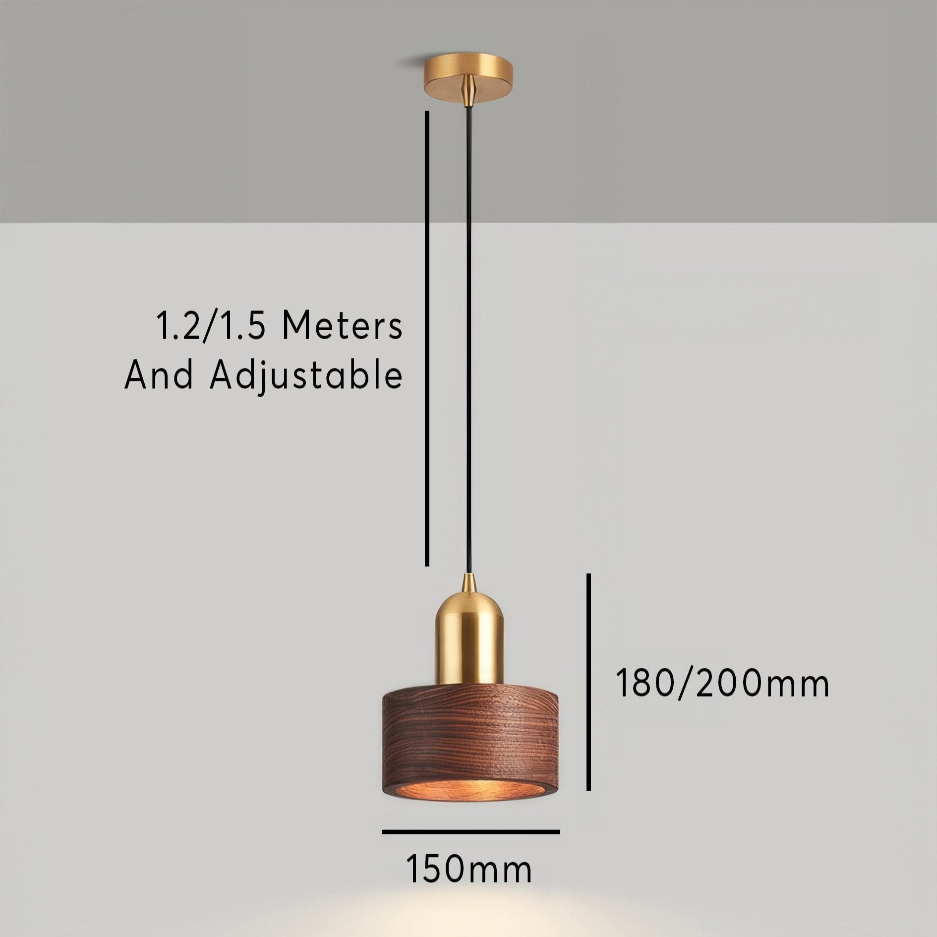 Cylinder Pendant Light, Luxury Solid Walnut and Brass Hanging Lamp for Dining Room, Living Room, Hallway and Kitchen Island