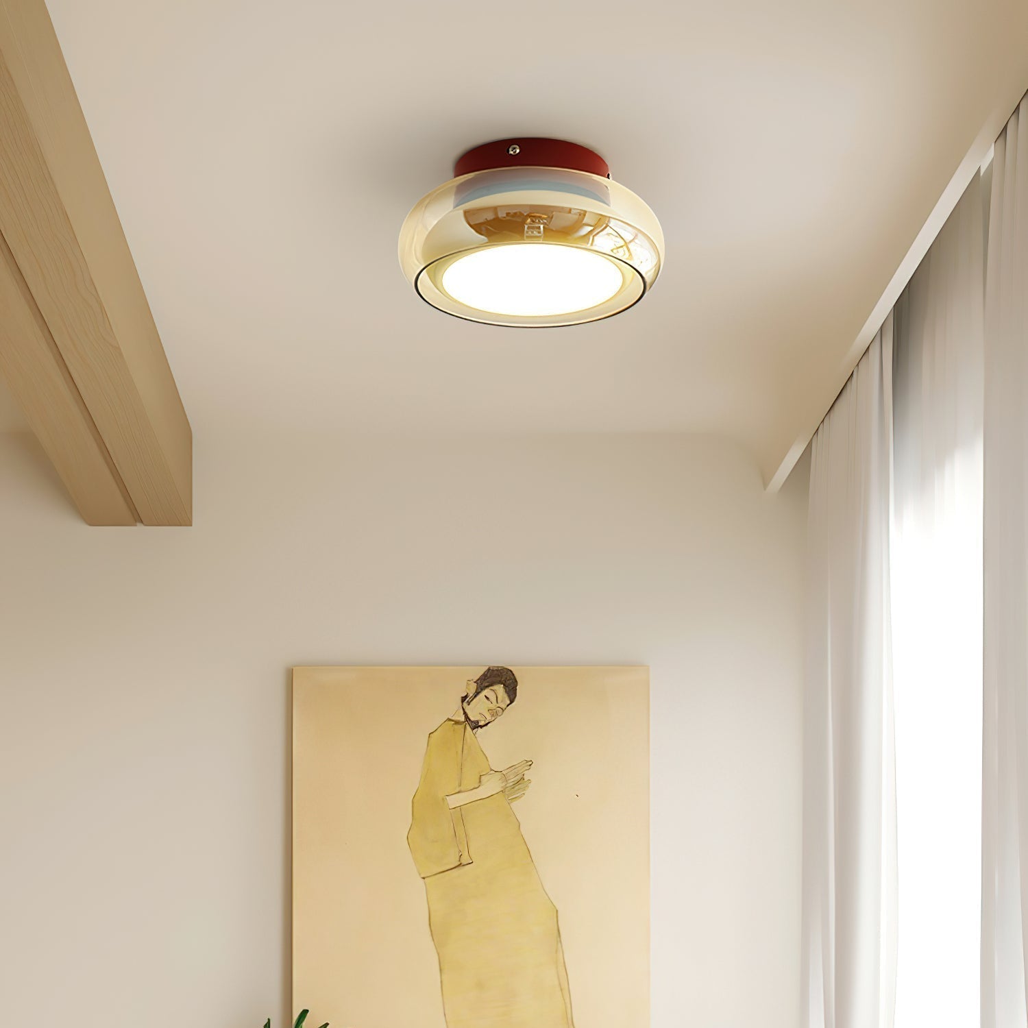 June Retro Glass Flush Mount Ceiling Light, Vintage Ribbed Glass LED Ceiling Lamp for Living Room, Bedroom, Hallway and Kitchen