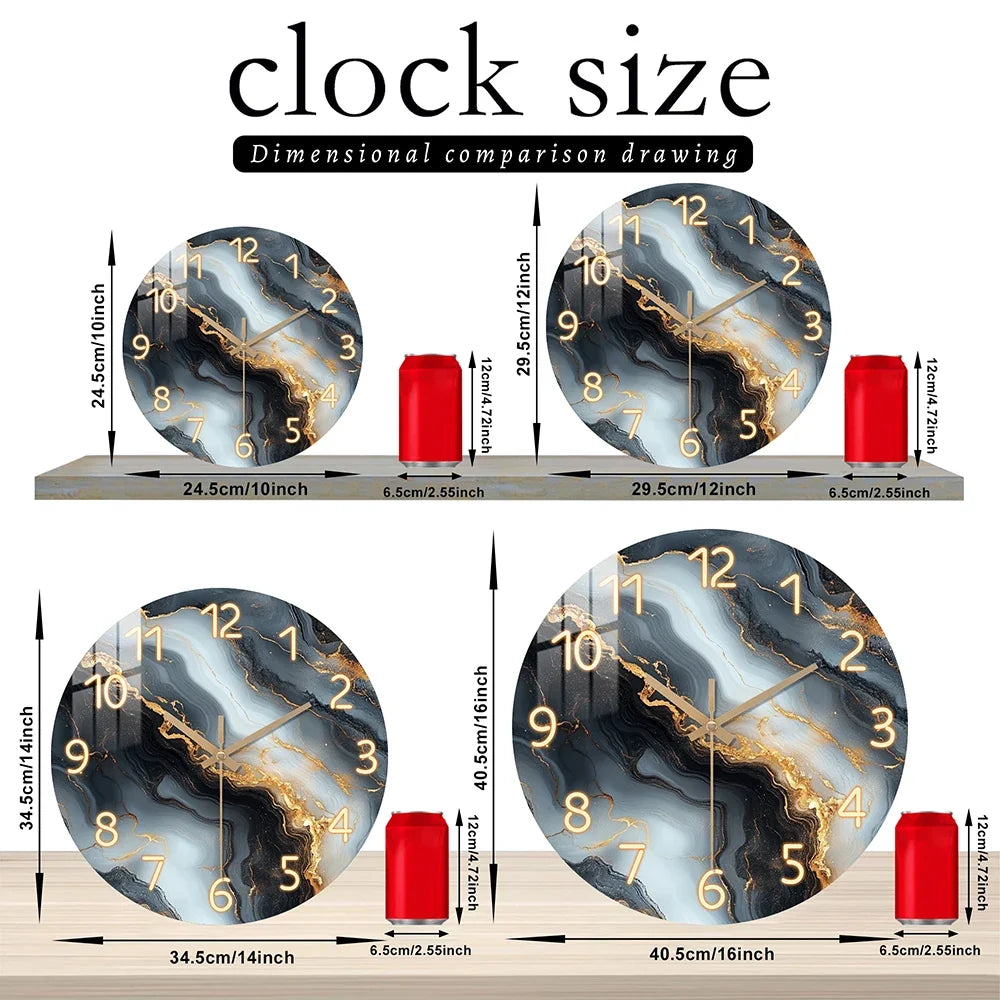 Blue and Gold Marble Wall Clock, Luxury Silent Sweep Solid Wood Clock for Living Room, Bedroom, Hallway and Kitchen